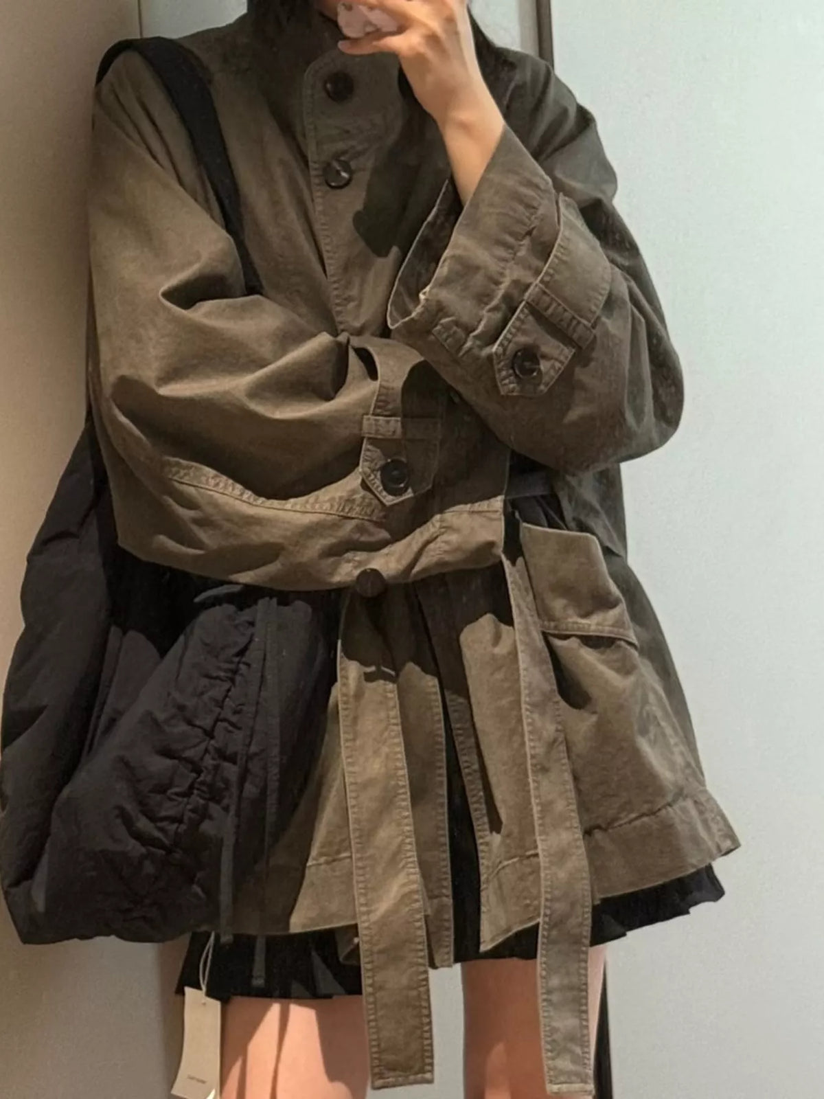vintage style stand-collar belted utility jacket | dropsona - neutral - size reference