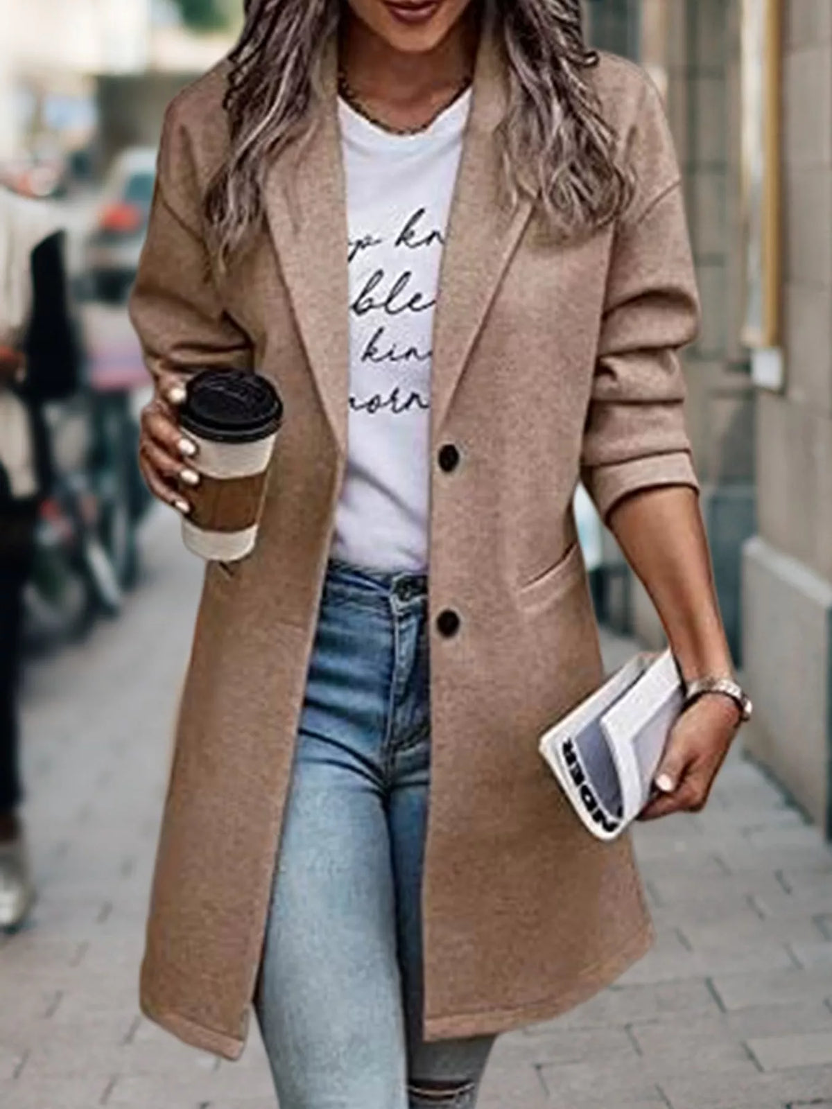 full size lapel collar button up coat plus | dropsona - neutral - material texture