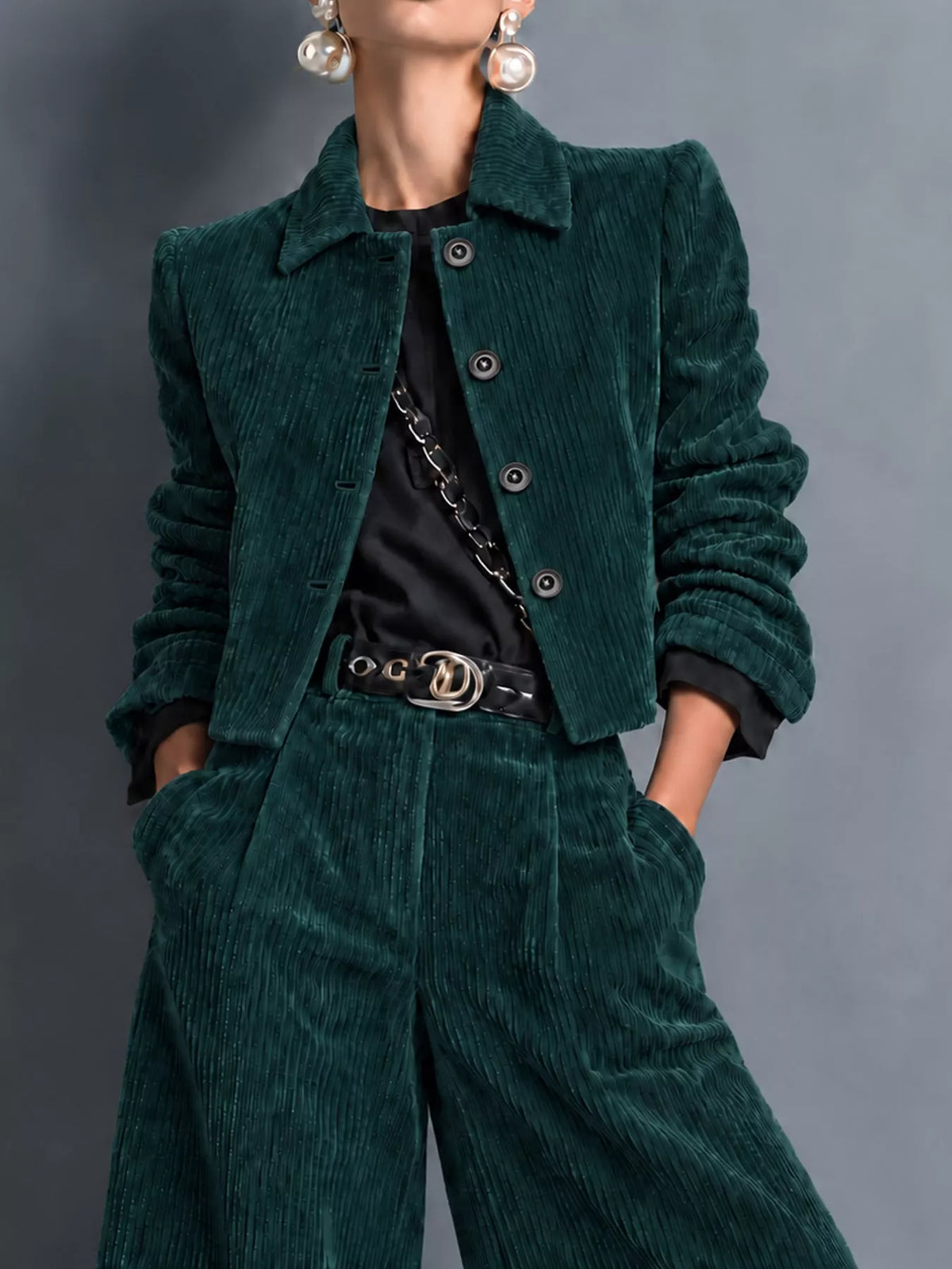 full size corduroy button up blazer and pants set | dropsona - neutral - front view