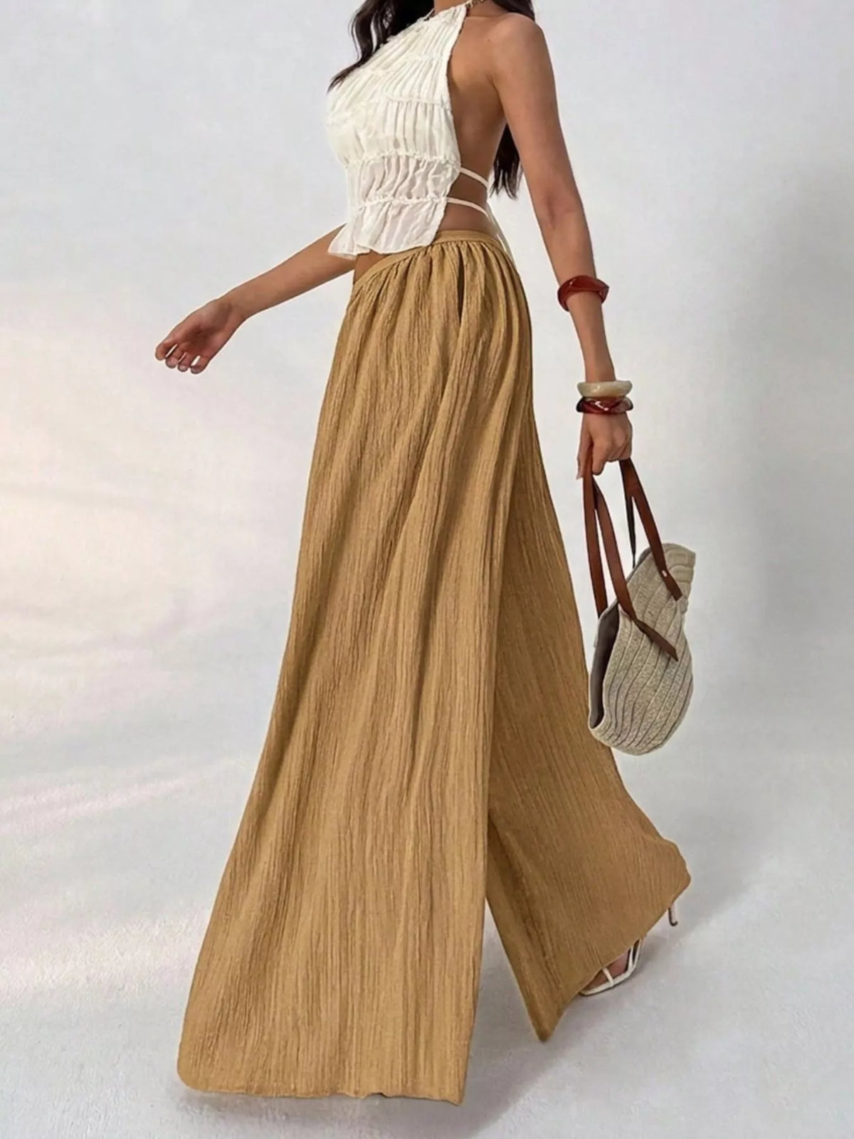 high-waisted wide-leg pleated casual pants | dropsona - neutral - front view