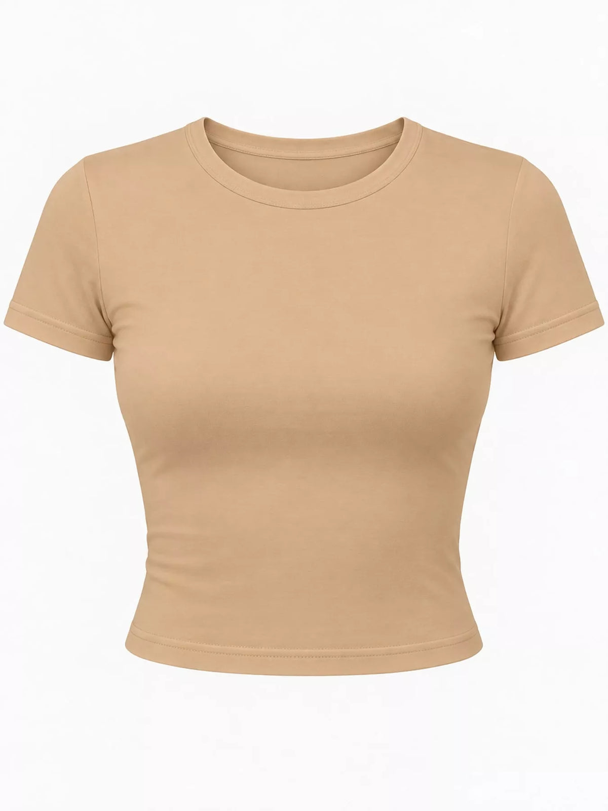 slim fit basic crew neck short sleeve crop t-shirt | dropsona - neutral - close-up detail