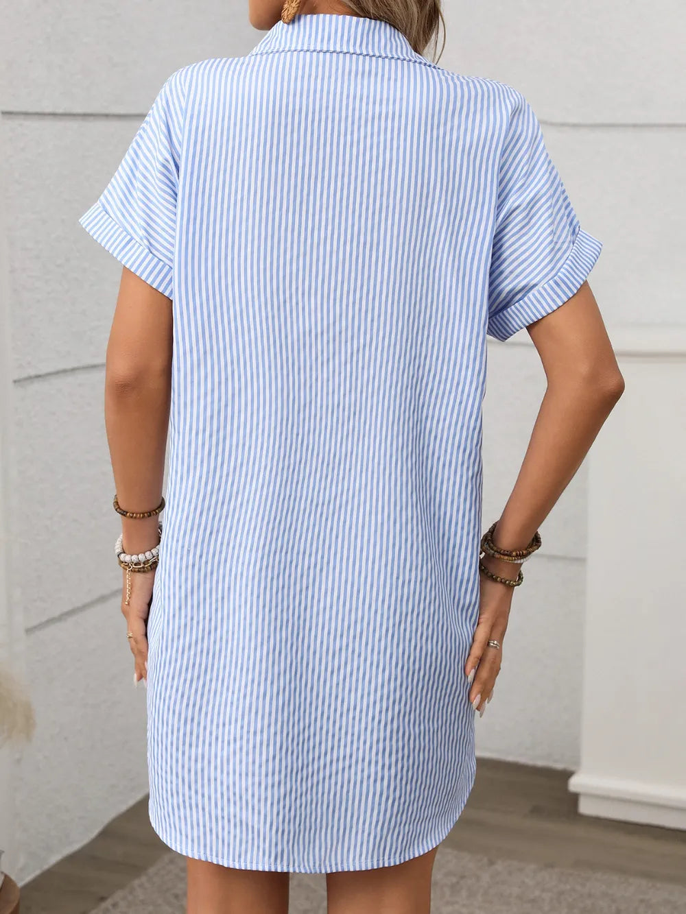 striped button down short sleeve mini dress - front view