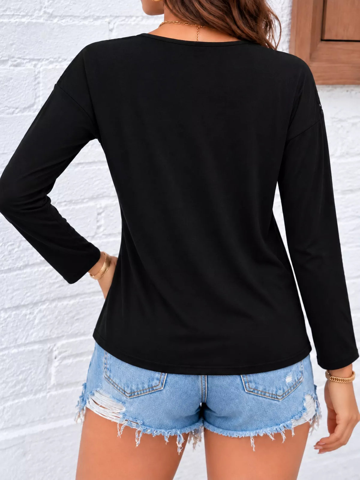 lace detail long sleeve t-shirt – lace,openwork | dropsona - neutral - close-up detail