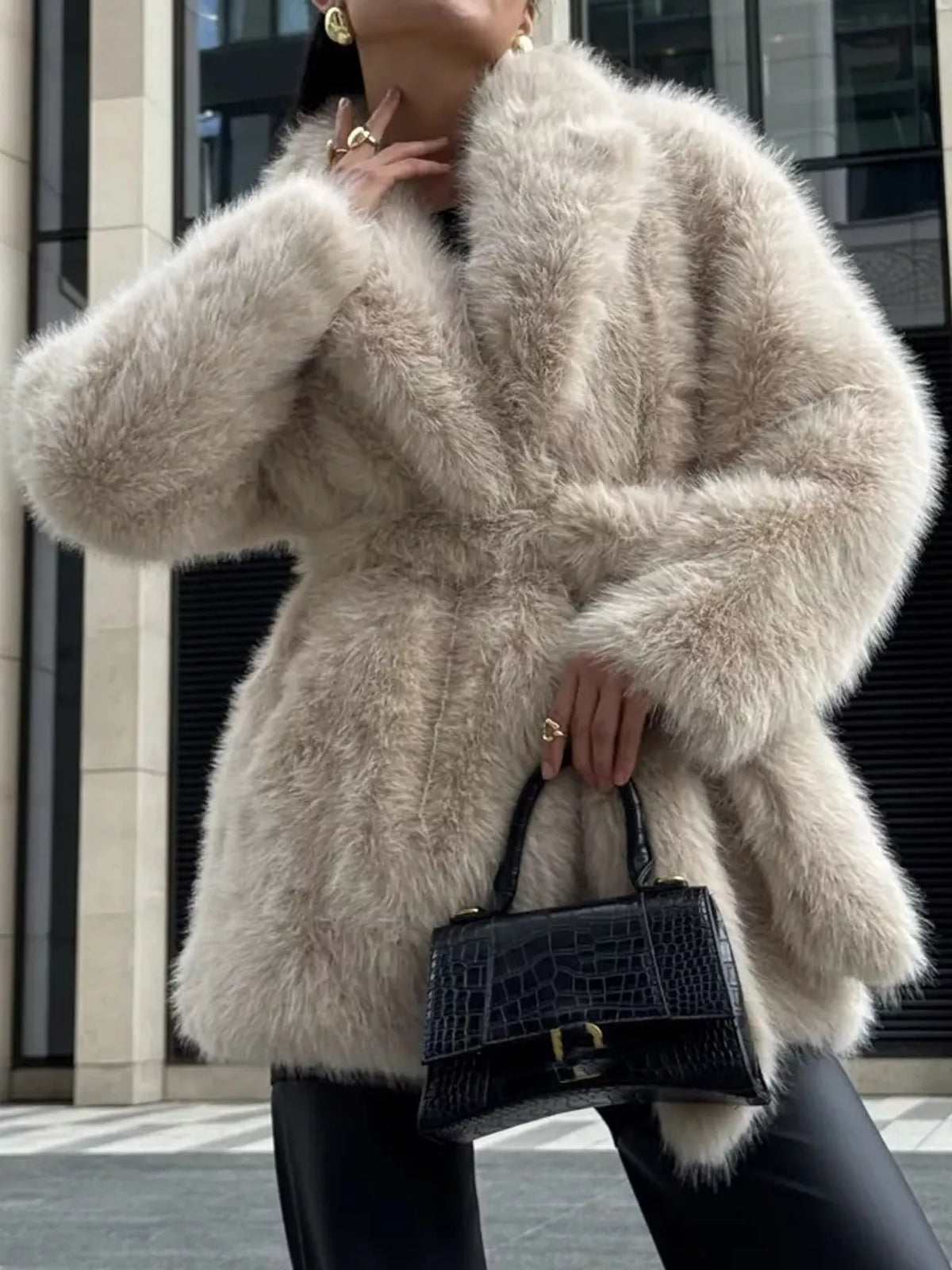 faux fur belted winter outerwear – thermal fit | dropsona - neutral - close-up detail