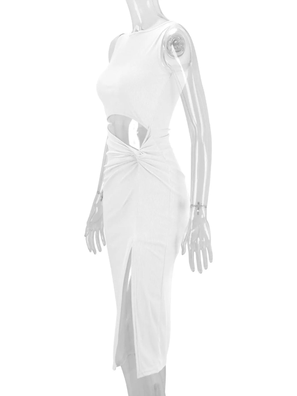 sleeveless cut-out ruched high-slit bodycon dress | dropsona - neutral - usage example