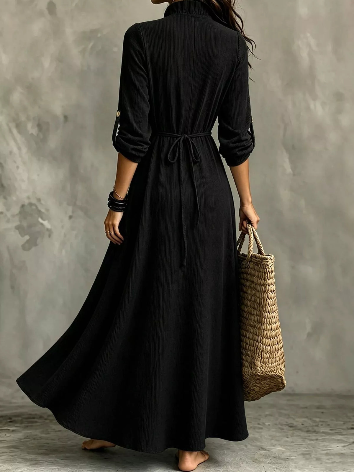 full size frill roll-up sleeve maxi dress plus | dropsona - neutral - material texture
