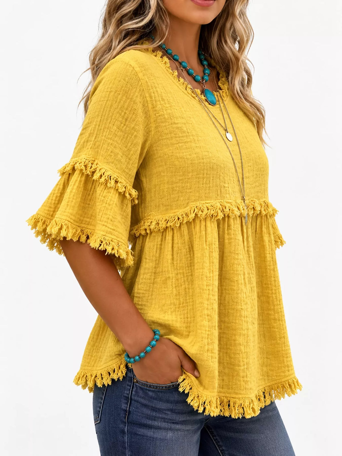 full size frayed edge textured blouse plus | dropsona - neutral - close-up detail