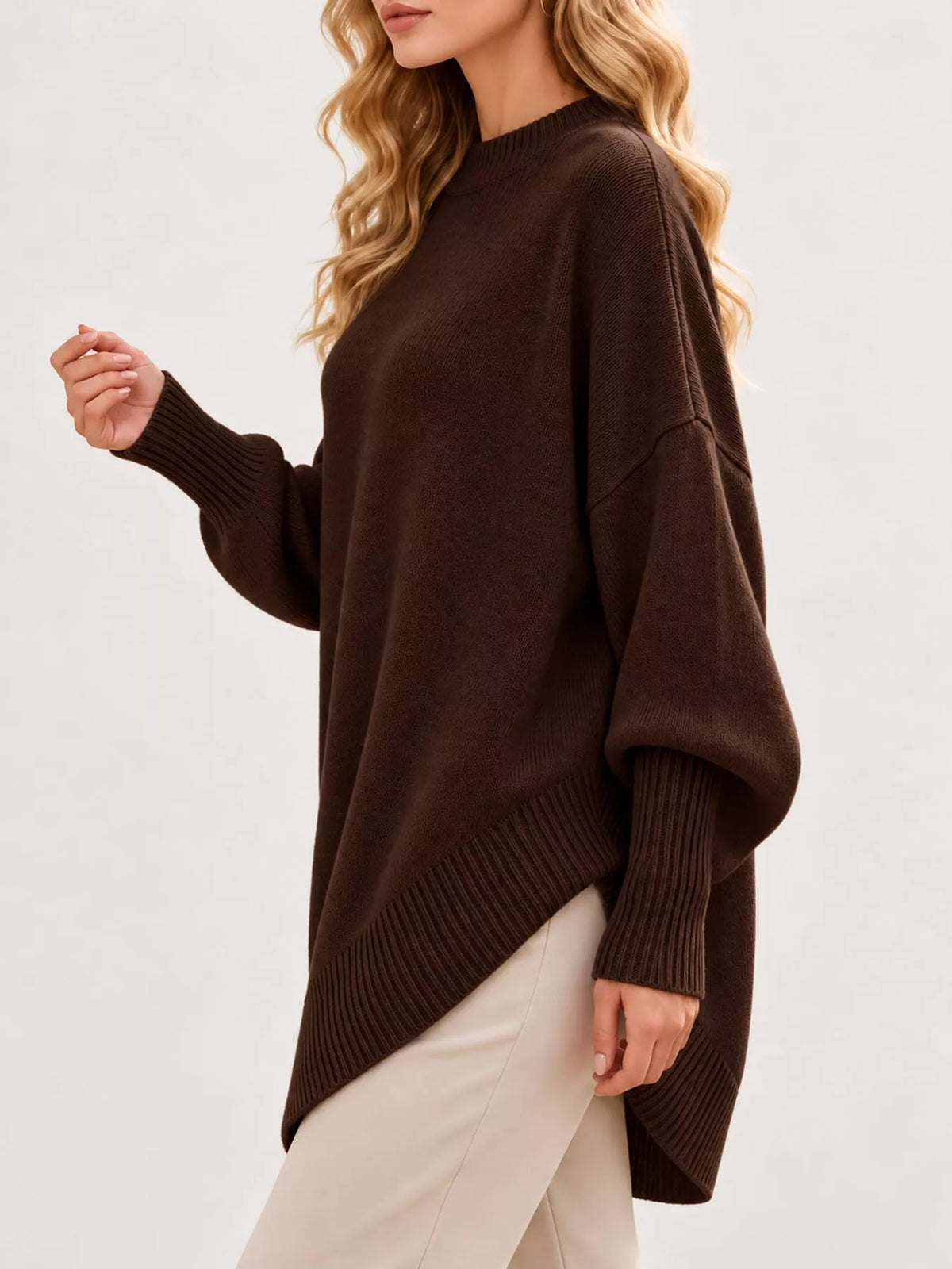 full size ribbed knit dropped shoulder sweater plus | dropsona - neutral - front view