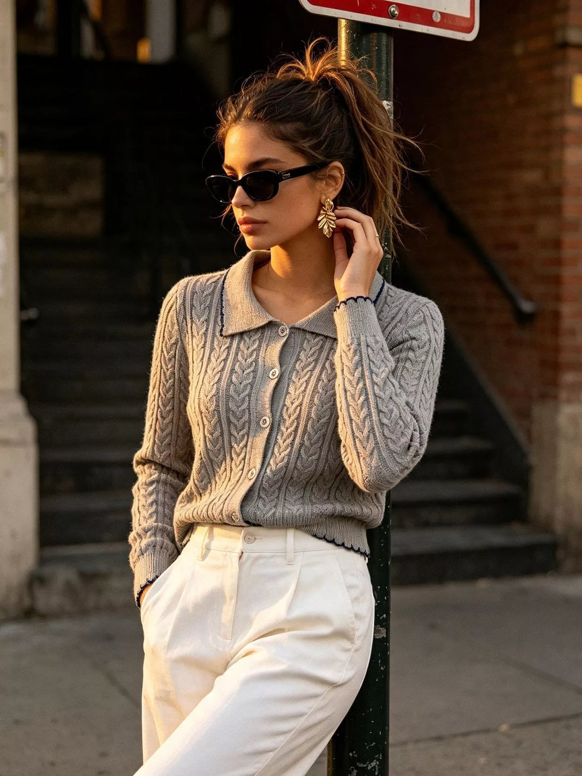 cable knit polo collar button-up cardigan | dropsona - neutral - close-up detail