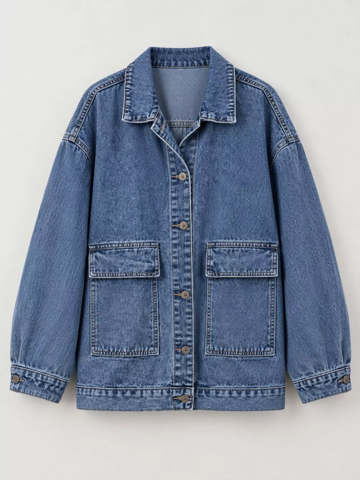 oversized wash denim jacket with utility pockets | dropsona - neutral - close-up detail