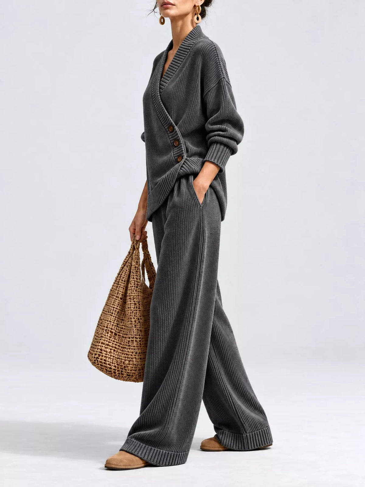 full size elegant v-neck wrap sweater and wide-leg | dropsona - neutral - packaging