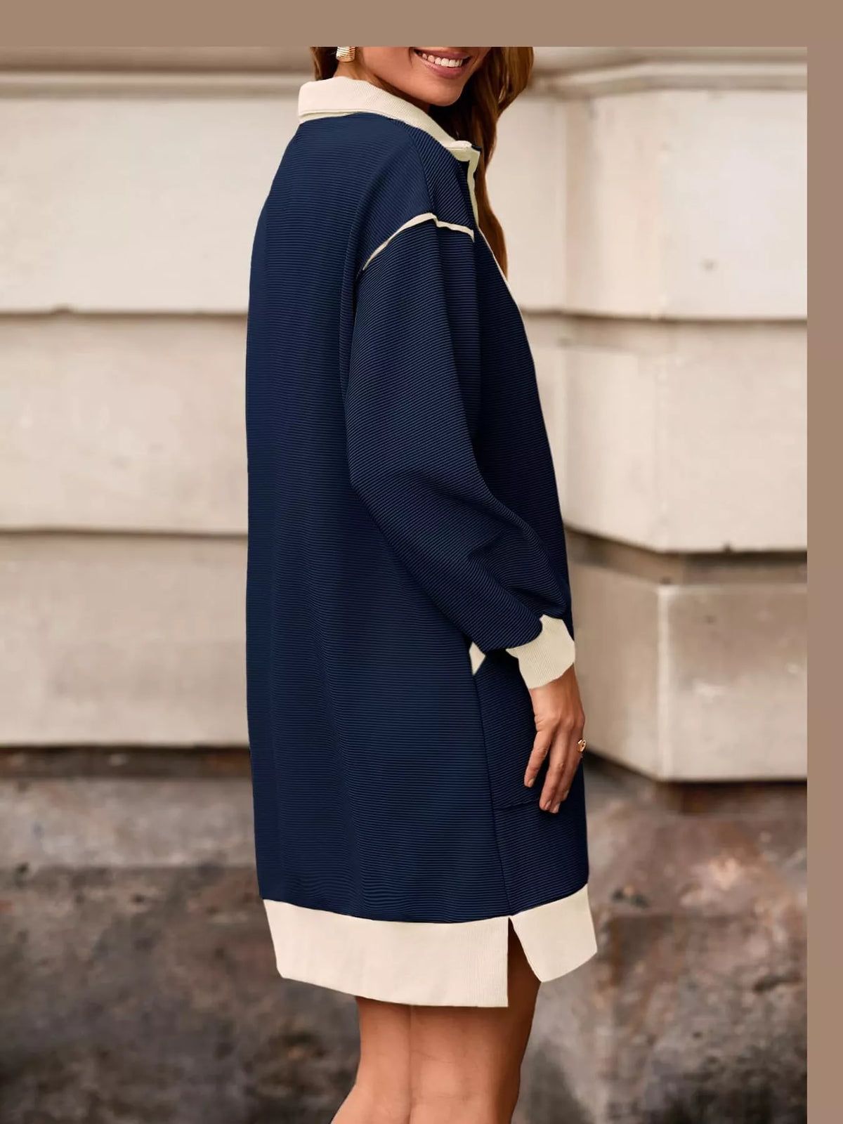 color block quarter-zip sweatshirt dress | dropsona - neutral - close-up detail