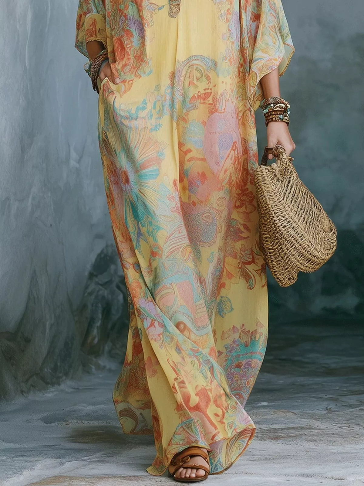 full size floral print v-neck maxi dress plus | dropsona - neutral - close-up detail
