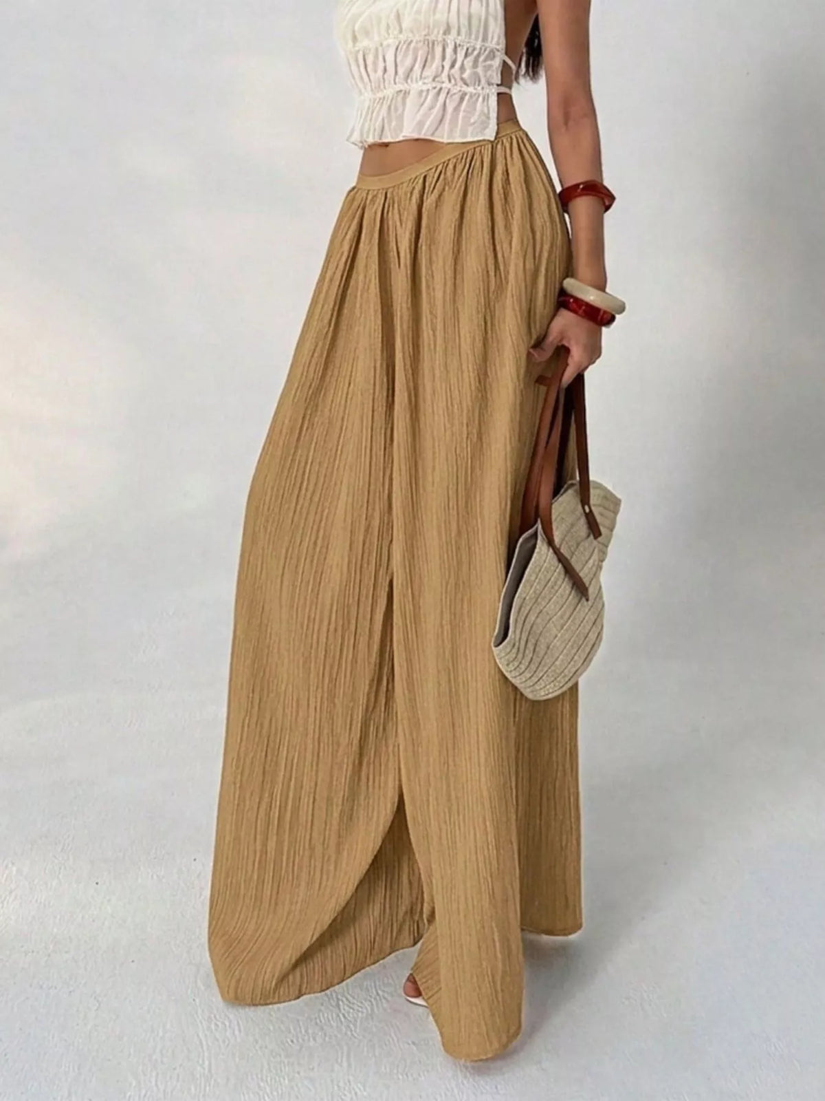 high-waisted wide-leg pleated casual pants | dropsona - neutral - close-up detail