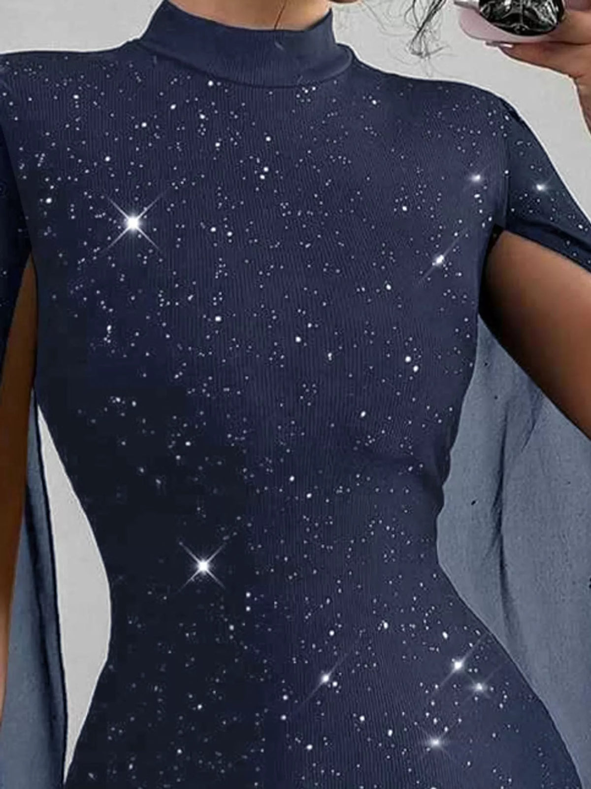 glitter mock neck cape-sleeve bodycon mini dress | dropsona - neutral - usage example