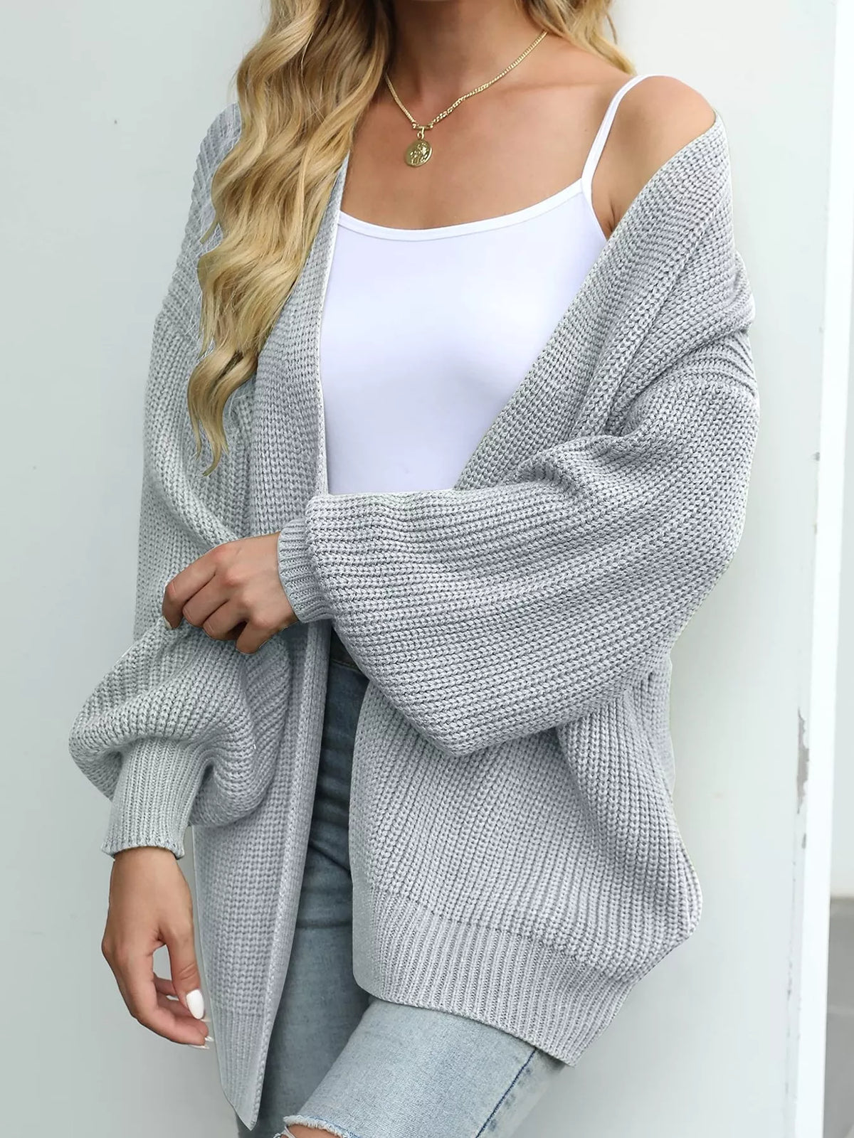 chunky knit open front cardigan with lantern sleeves | dropsona - neutral - material texture