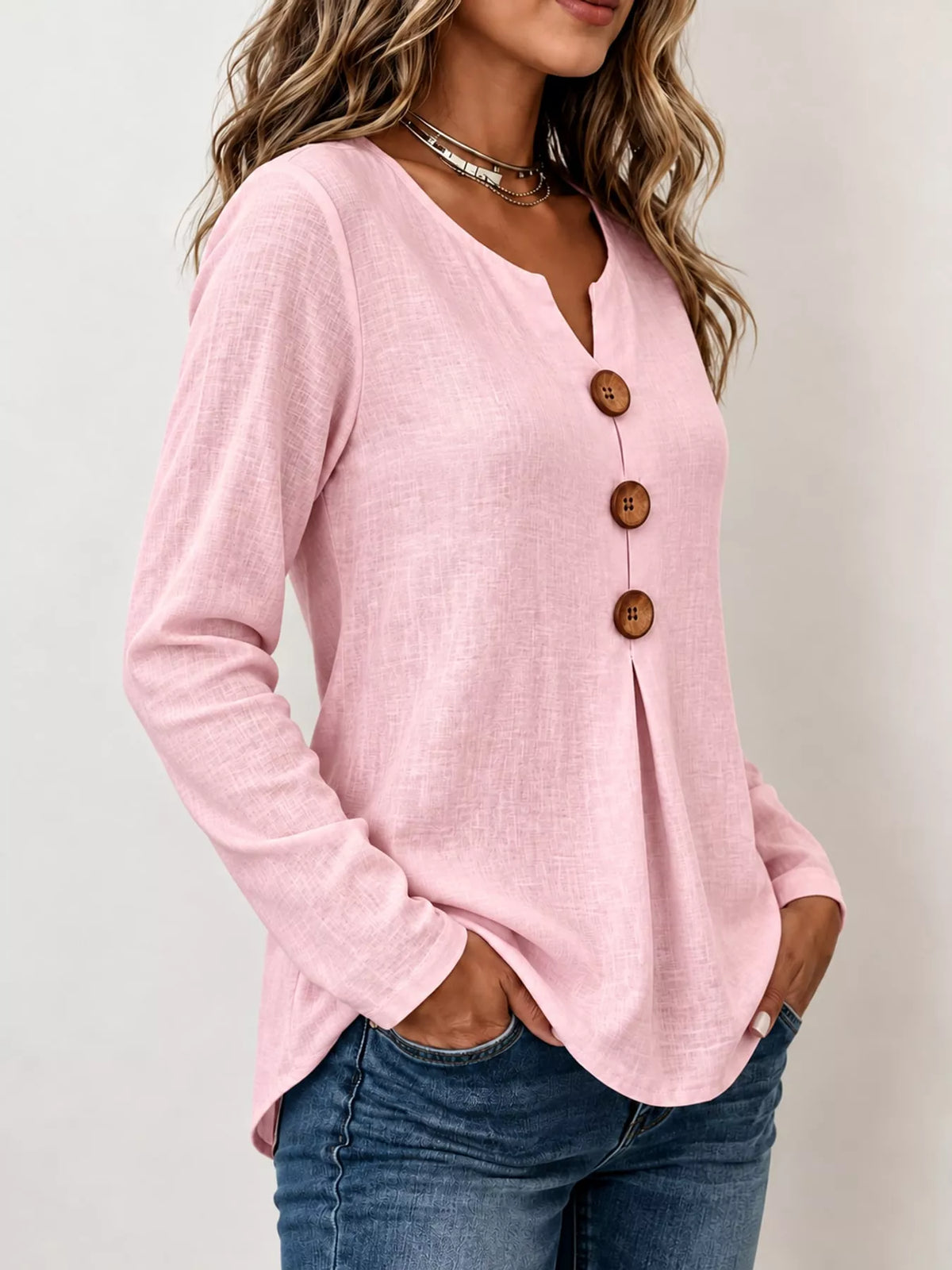 full size long sleeve blouse with decorative wooden | dropsona - neutral - usage example