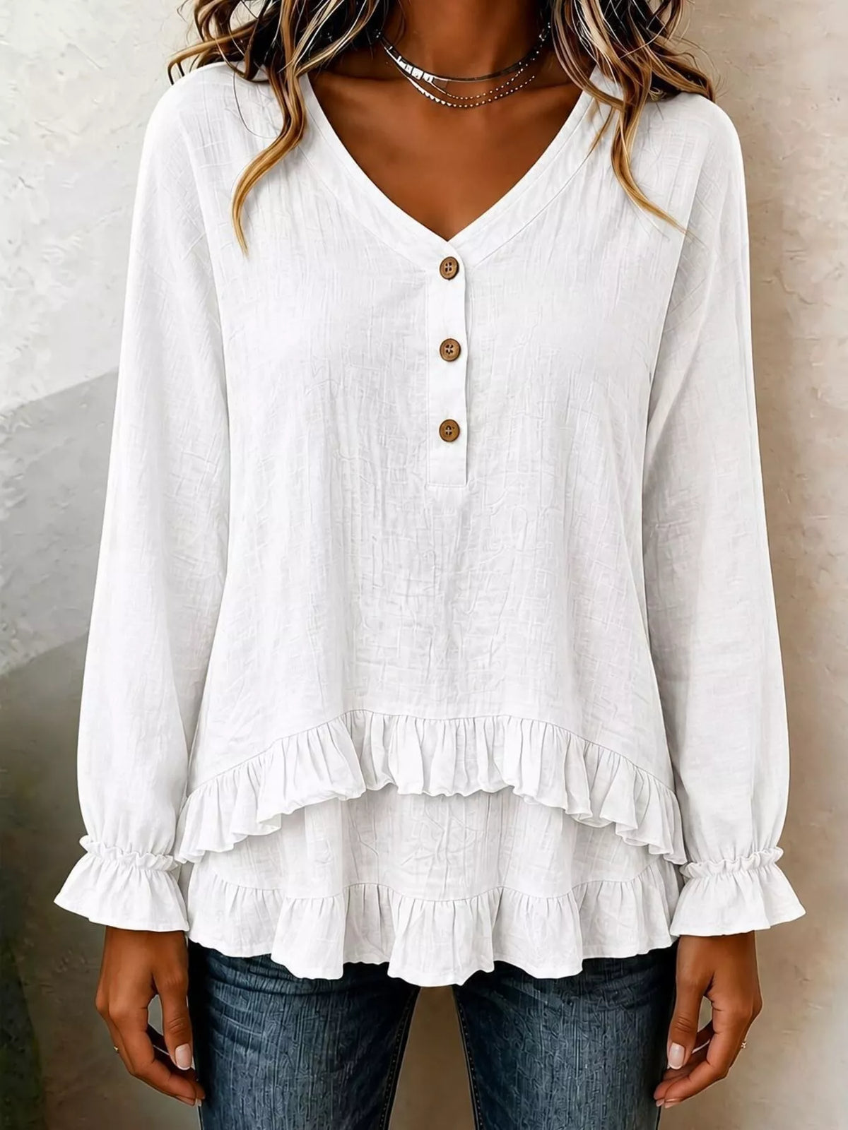 v-neck long sleeve button detail ruffled hem blouse | dropsona - neutral - everyday use