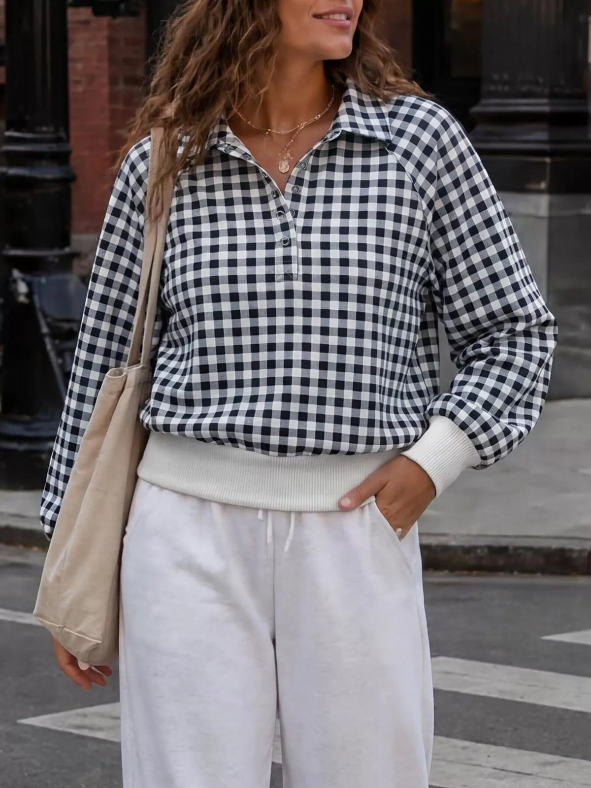 gingham plaid collared sweatshirt with ribbed hem | dropsona - neutral - everyday use