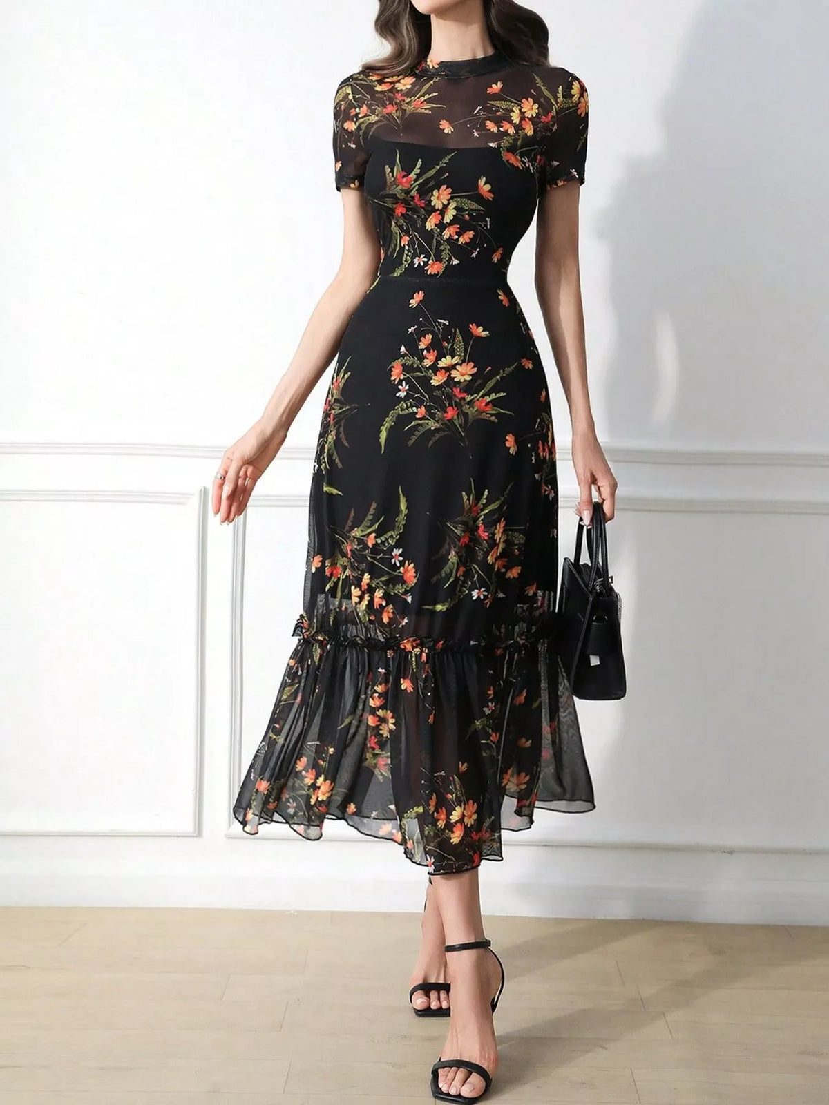 floral print sheer overlay midi dress with ruffle hem | dropsona - neutral - material texture