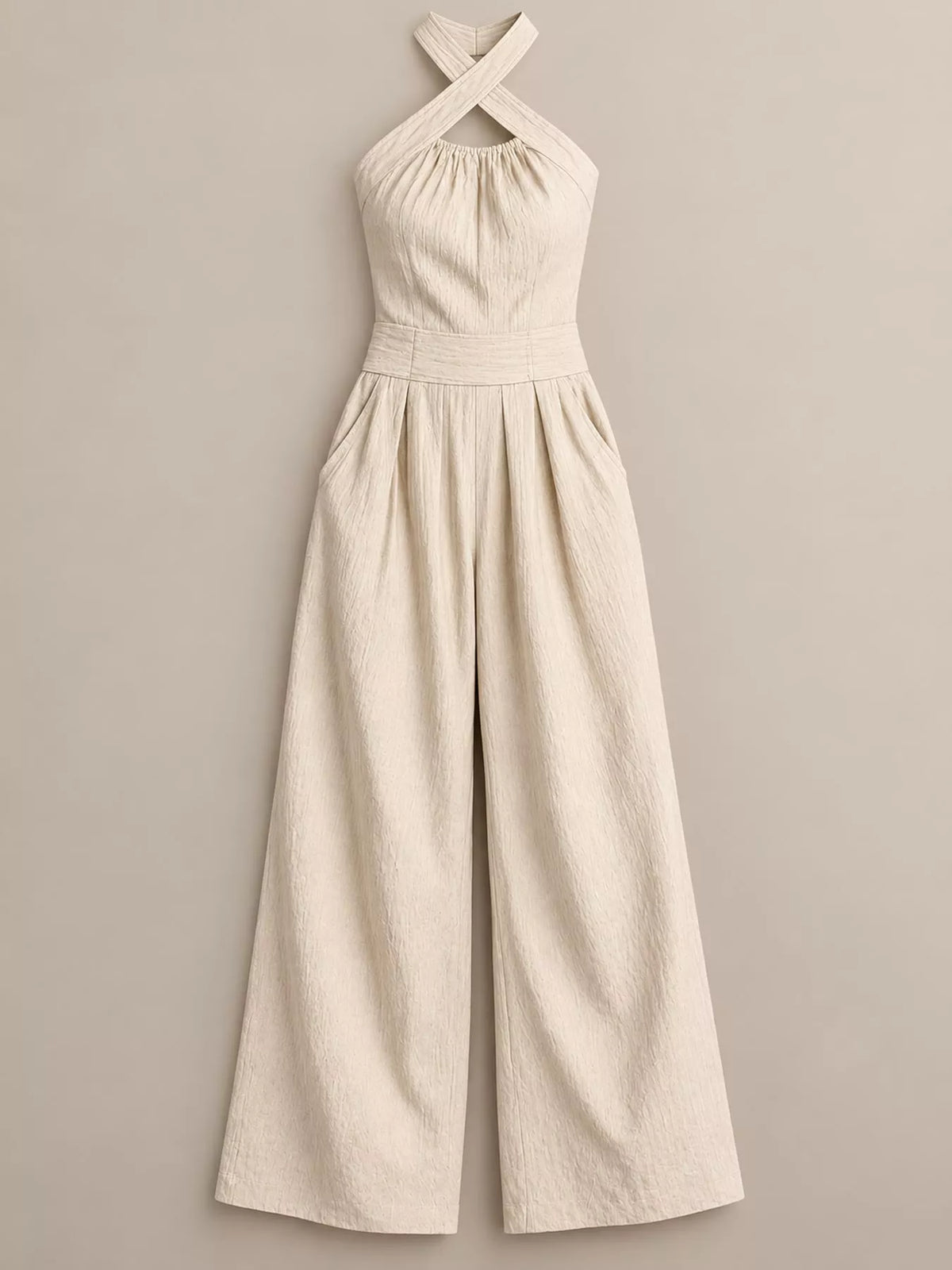full size halter neck wide-leg jumpsuit plus | dropsona - neutral - size reference