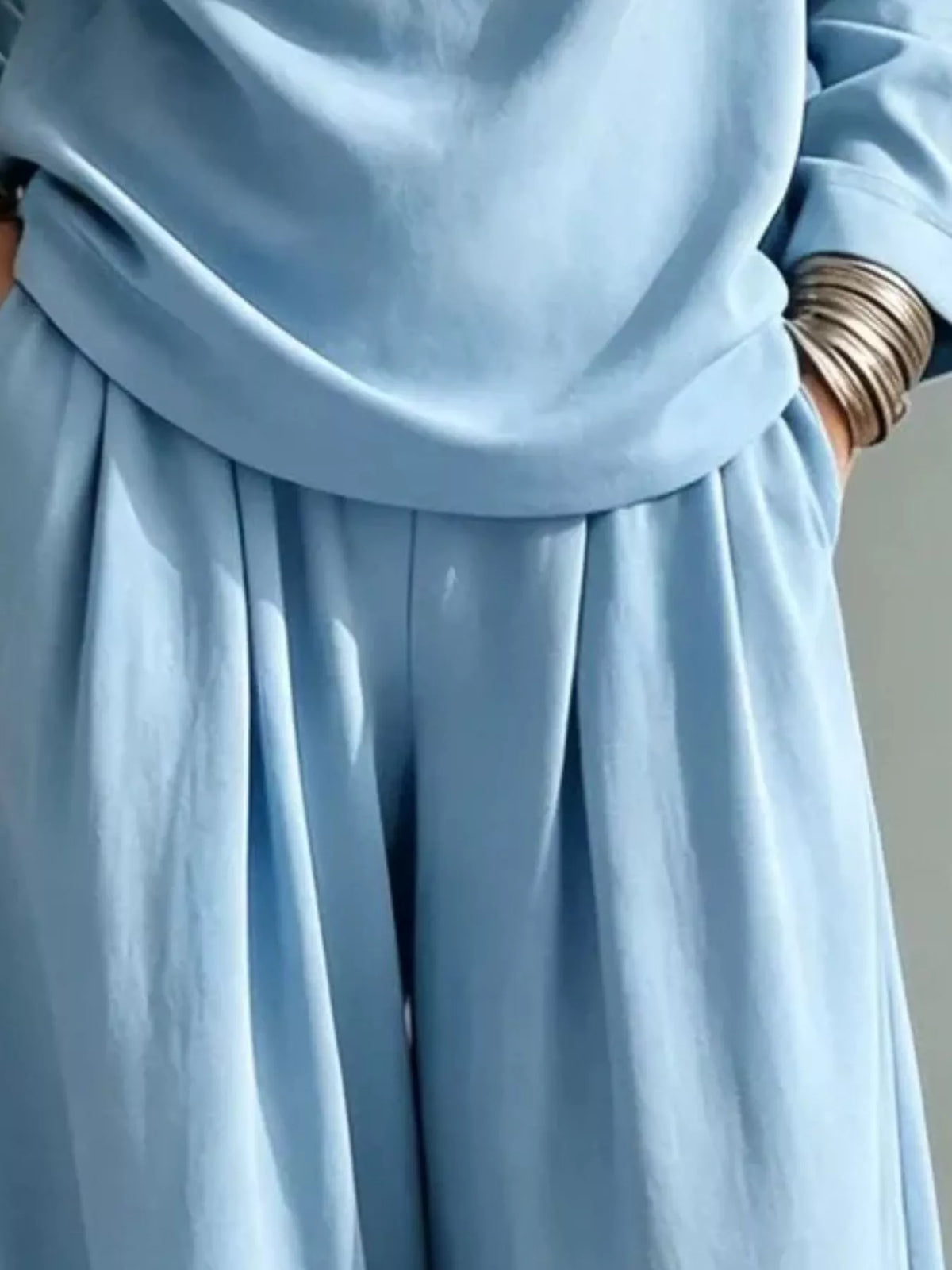 full size casual elegant top and wide-leg pants set | dropsona - neutral - close-up detail