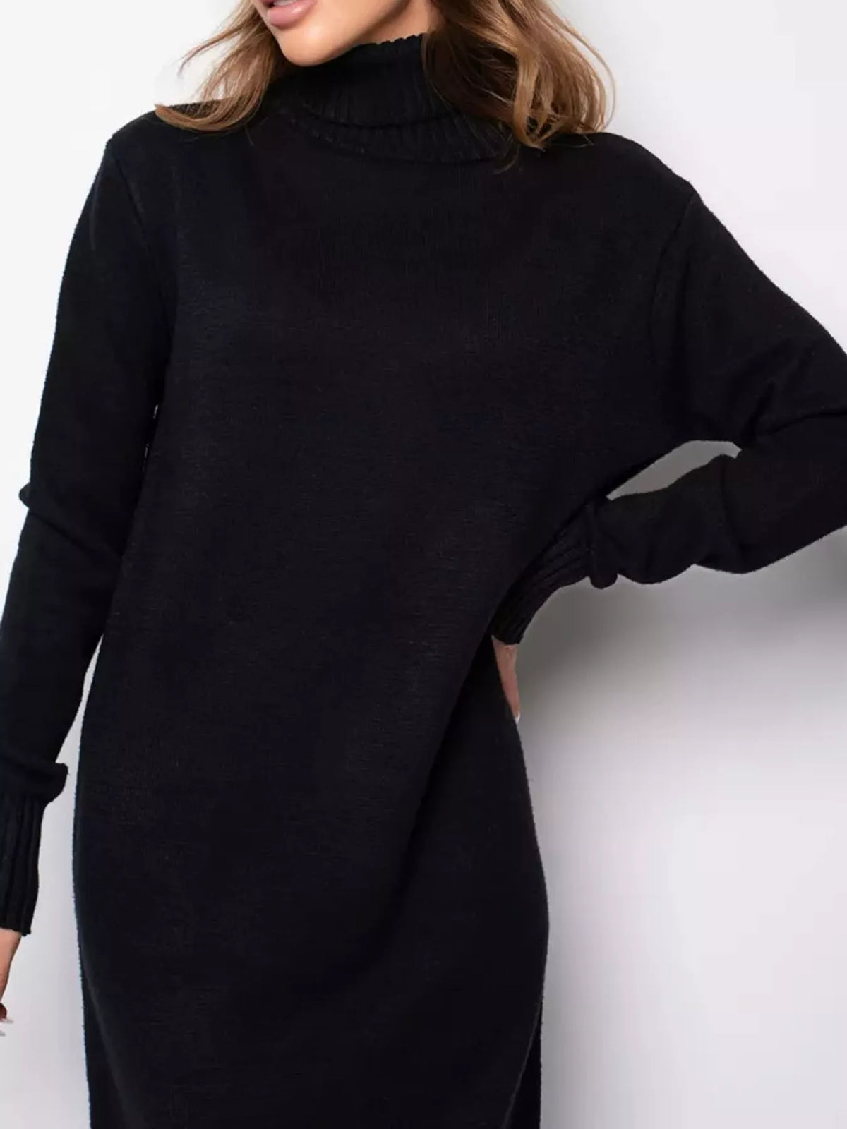 turtleneck ribbed knit sweater dress | dropsona - neutral - close-up detail