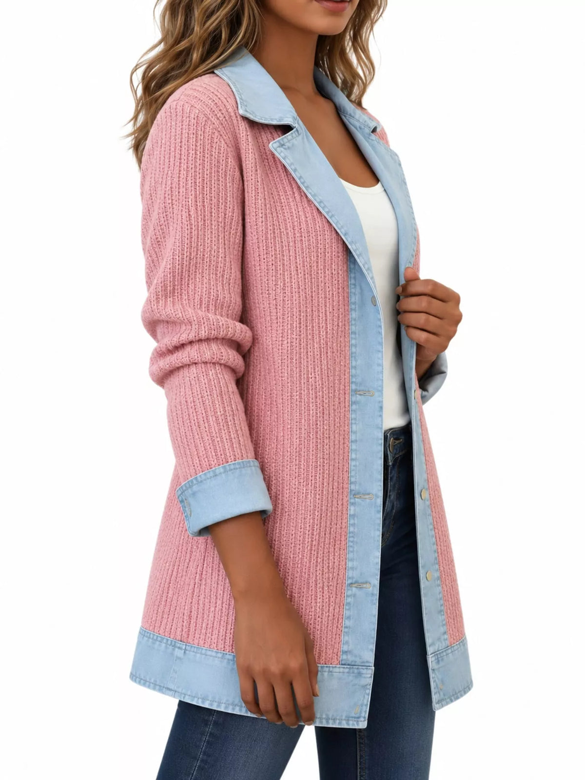 full size denim trim ribbed knit cardigan plus | dropsona - neutral - front view