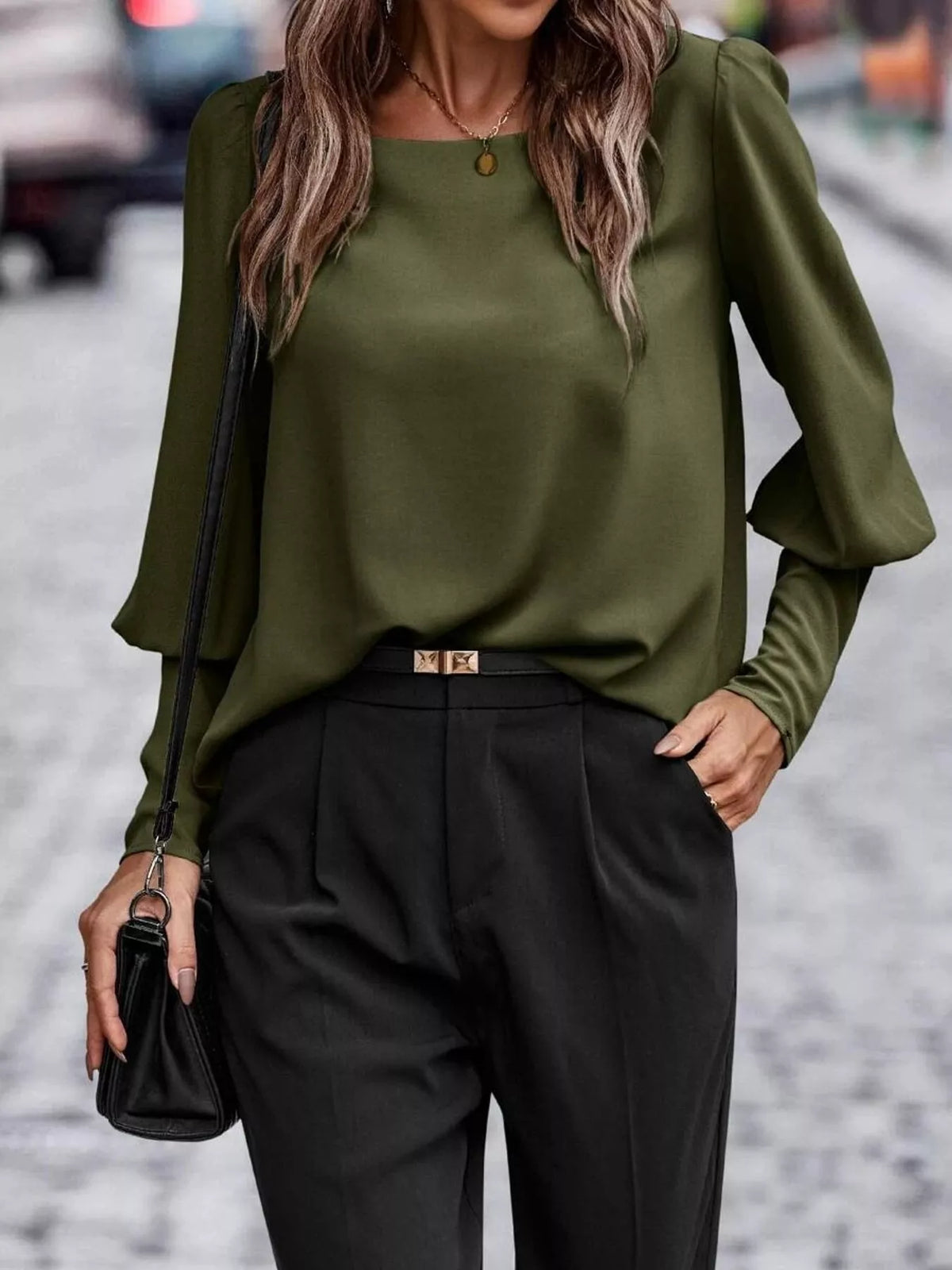 decorative button lantern sleeve blouse | dropsona - neutral - material texture