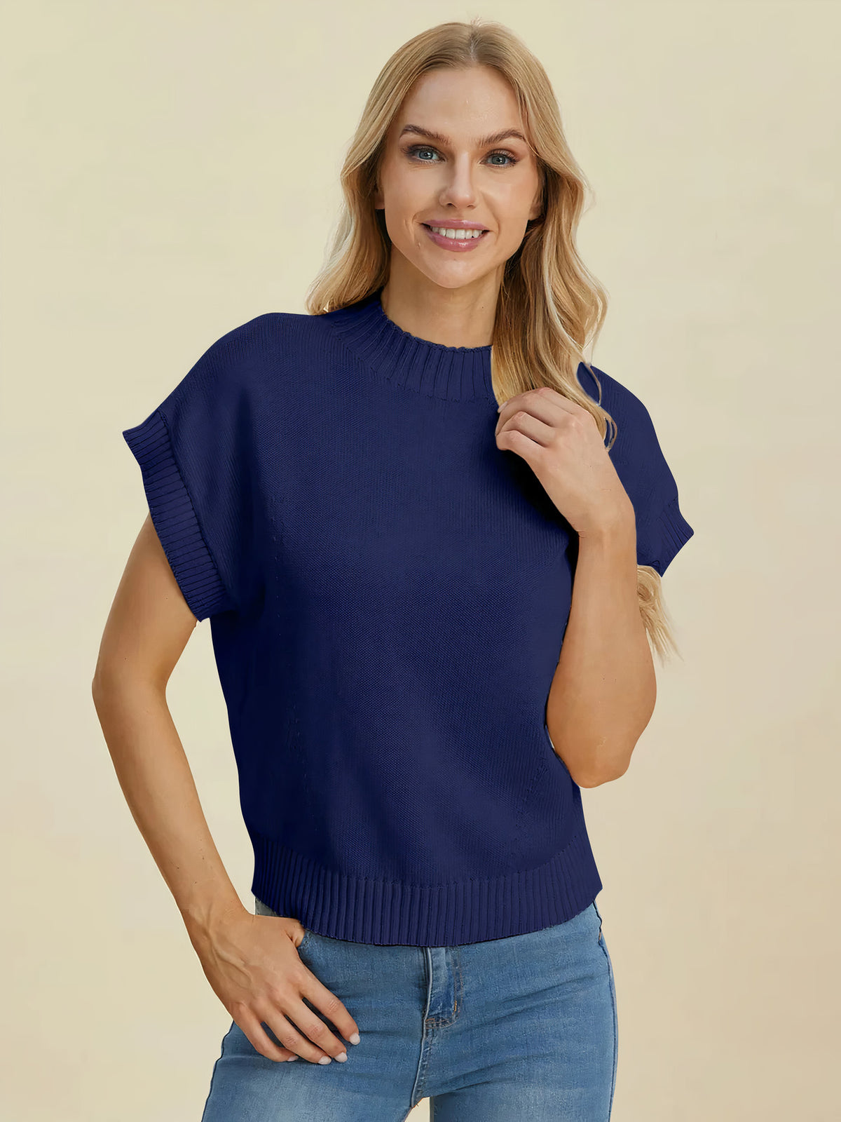 double take full size mock neck short sleeve sweater - everyday wear