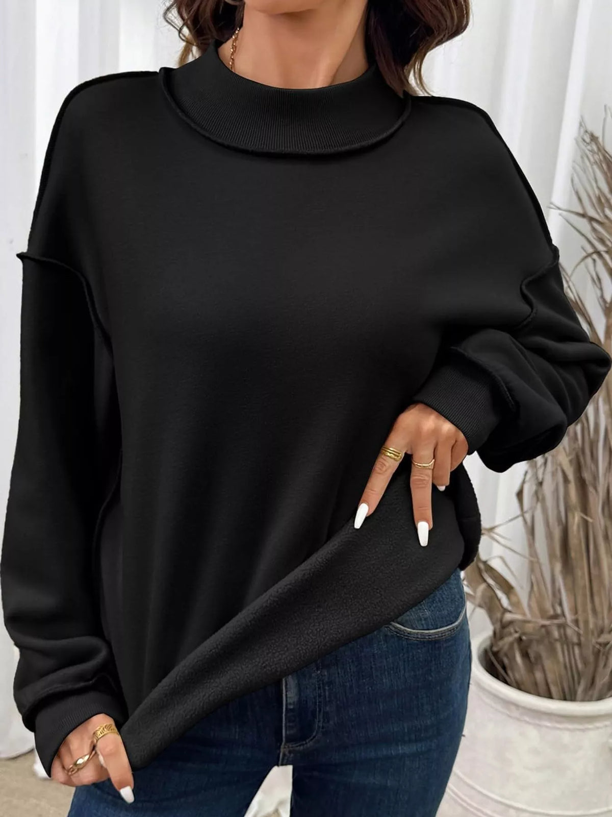 mock neck long sleeve sweatshirt | dropsona polyester 70% - neutral - front view