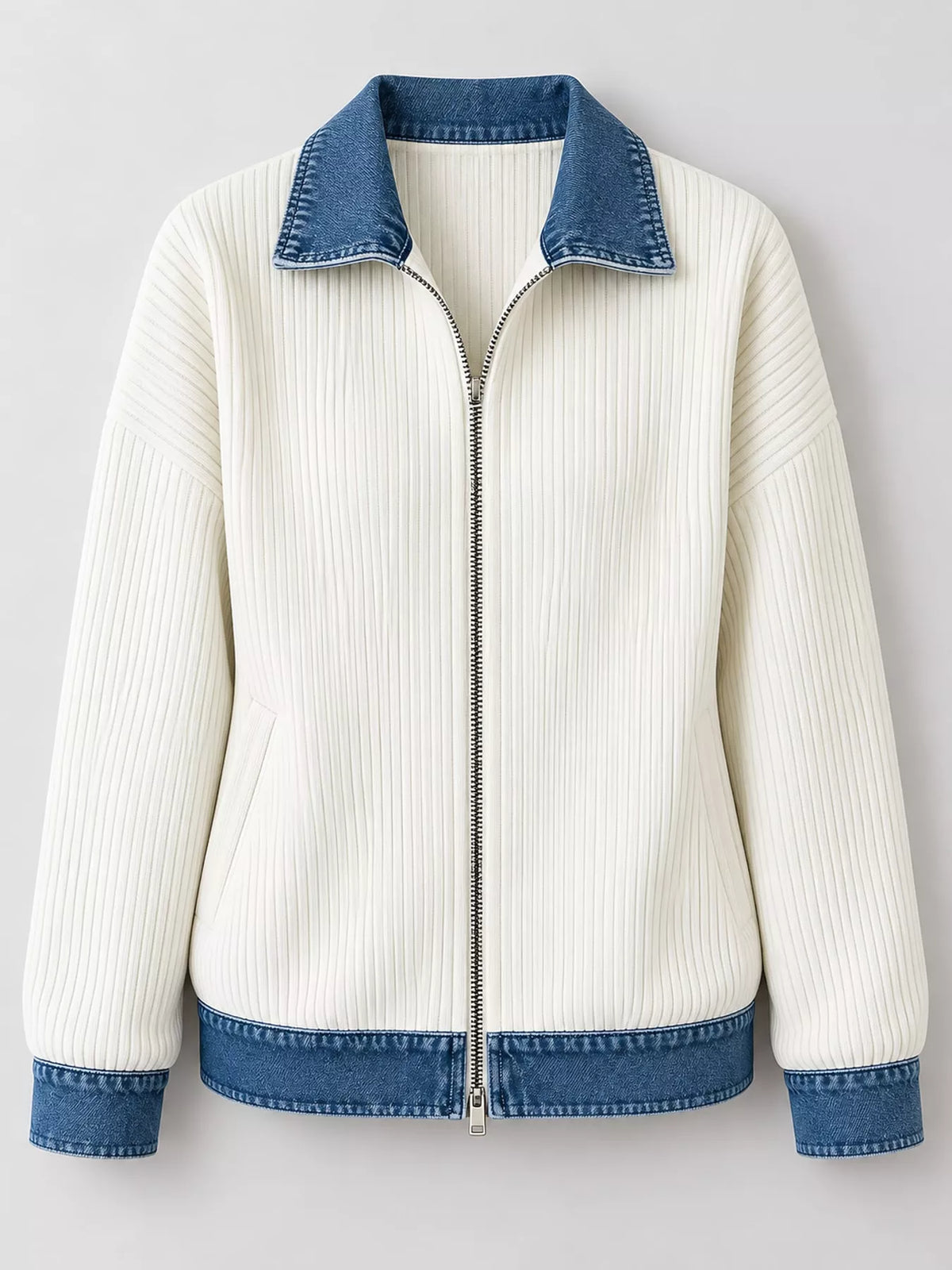 full size denim-collar ribbed knit zip-up jacket plus | dropsona - neutral - material texture
