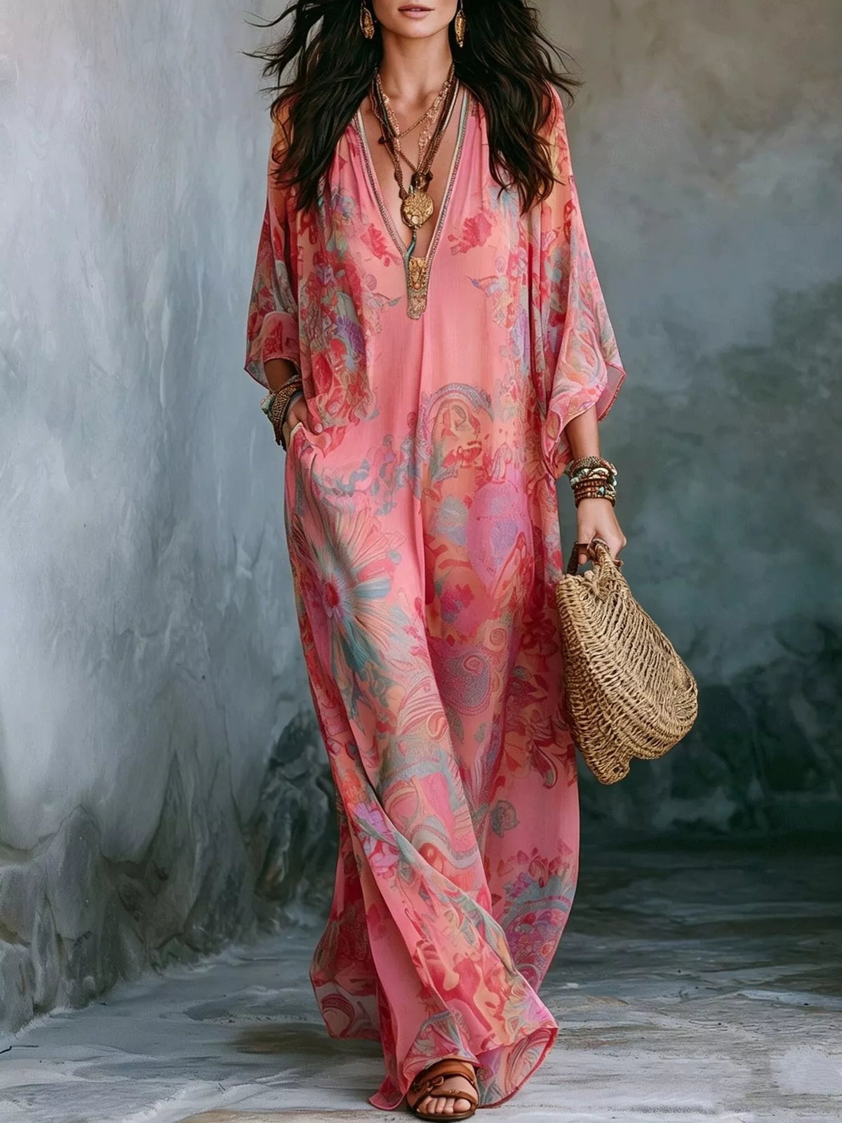 full size floral print v-neck maxi dress plus | dropsona - neutral - usage example