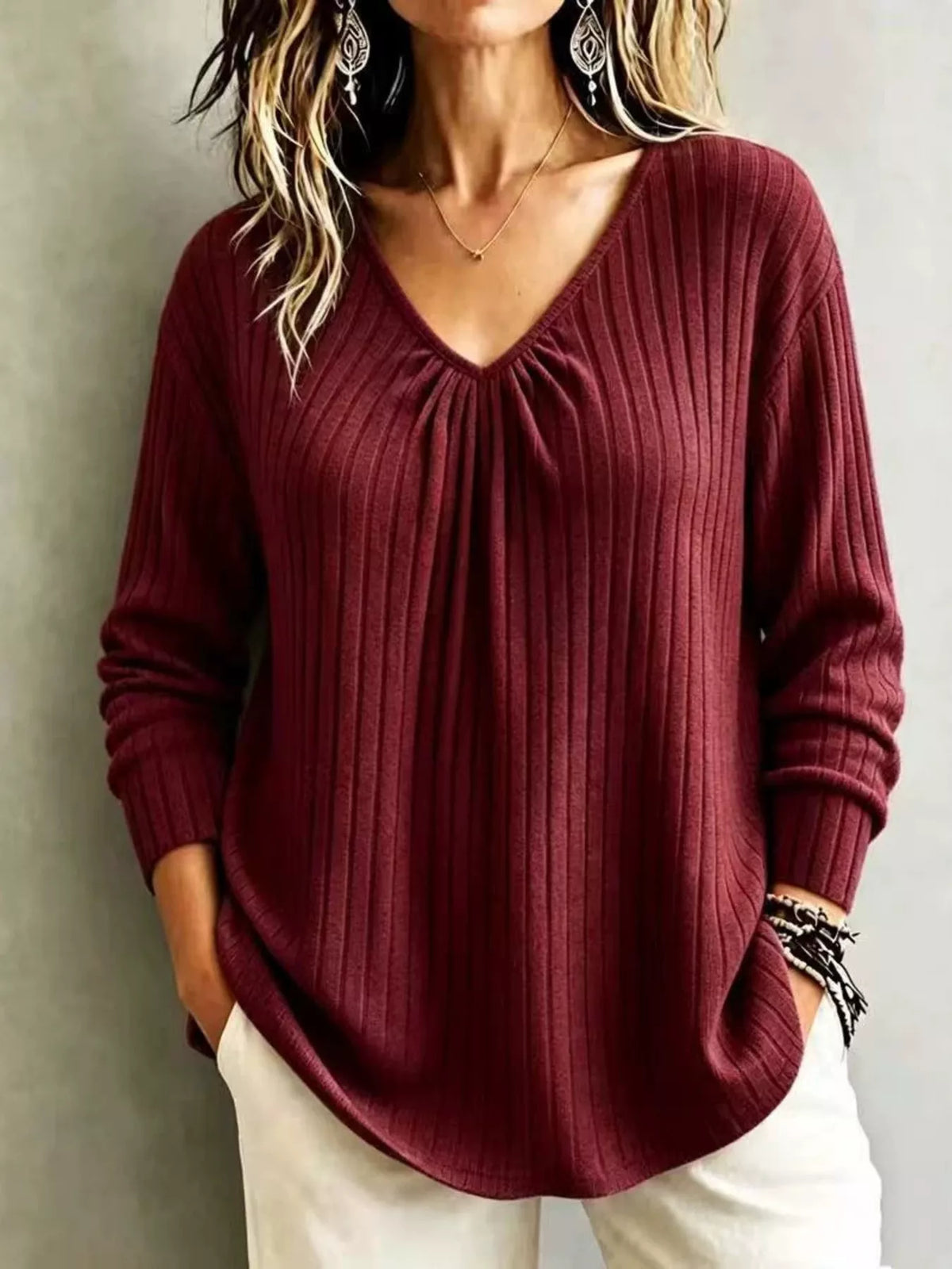 v-neck ribbed long sleeve t-shirt – | dropsona - neutral - front view