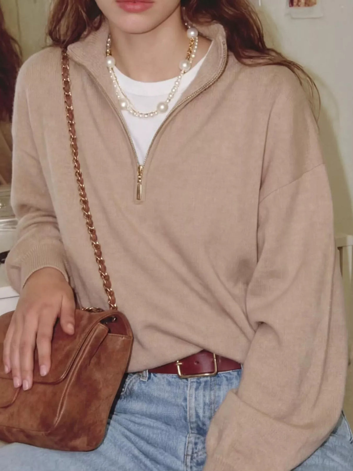 half-zip dropped shoulder sweater – zipper fit | dropsona - neutral - close-up detail