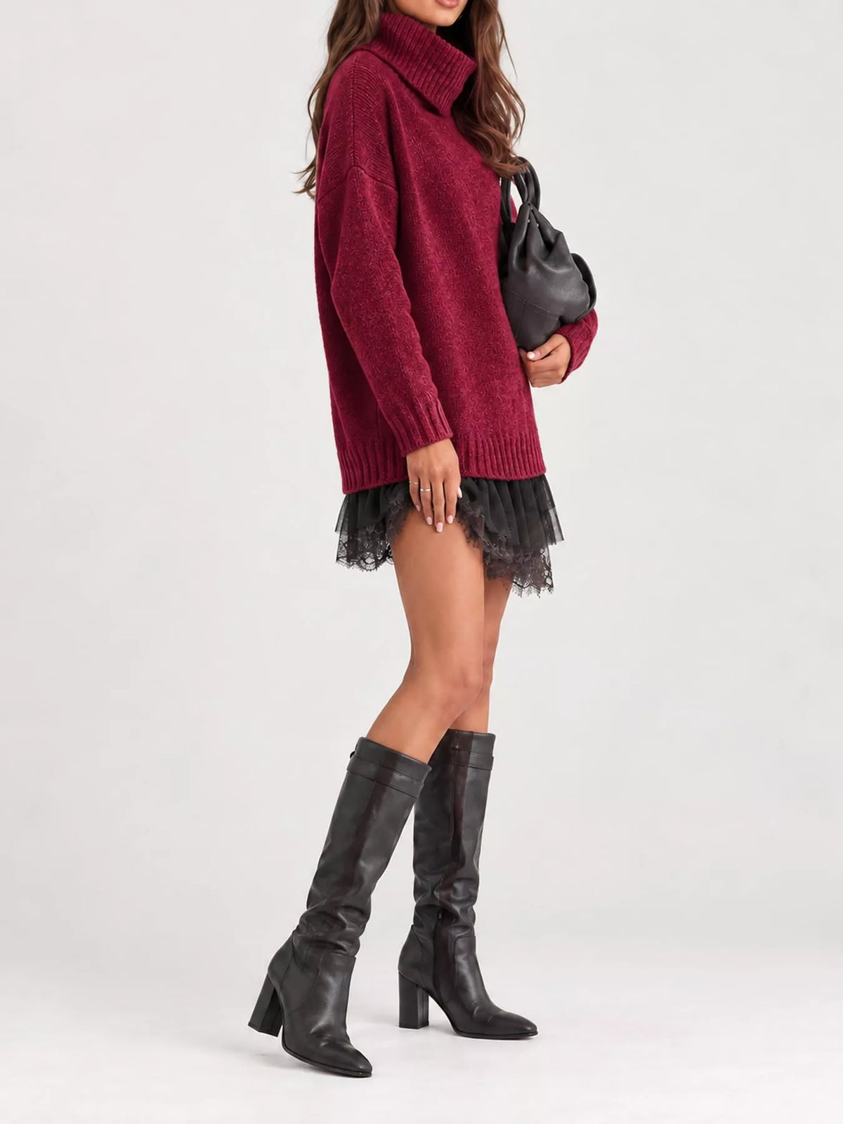 full size turtleneck sweater and lace hem dress set | dropsona - neutral - front view