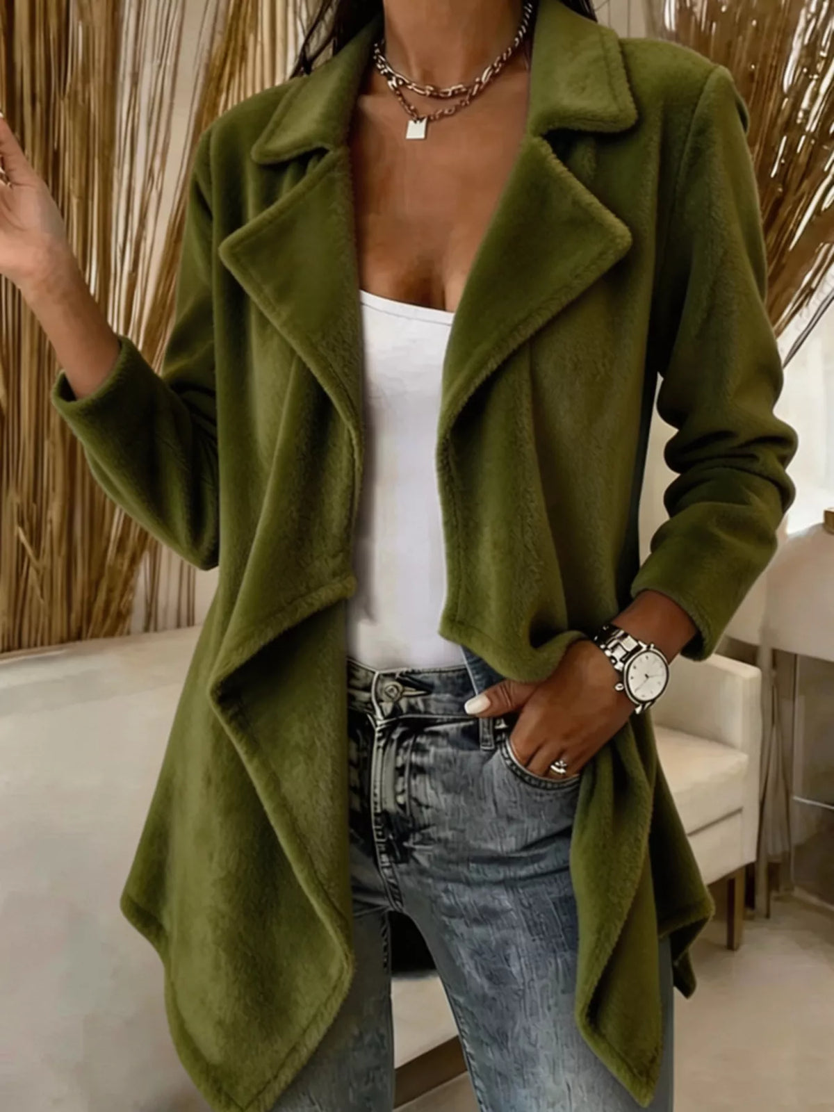 full size fleece waterfall collar outerwear plus | dropsona - neutral - close-up detail