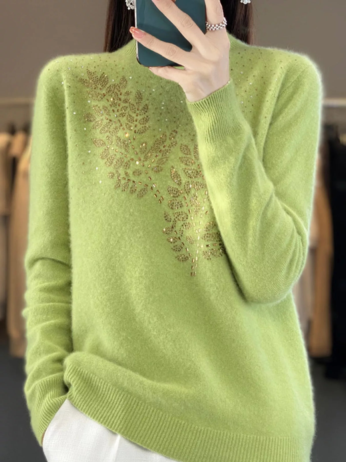 rhinestone leaf mock neck sweater | dropsona polyester - neutral - front view