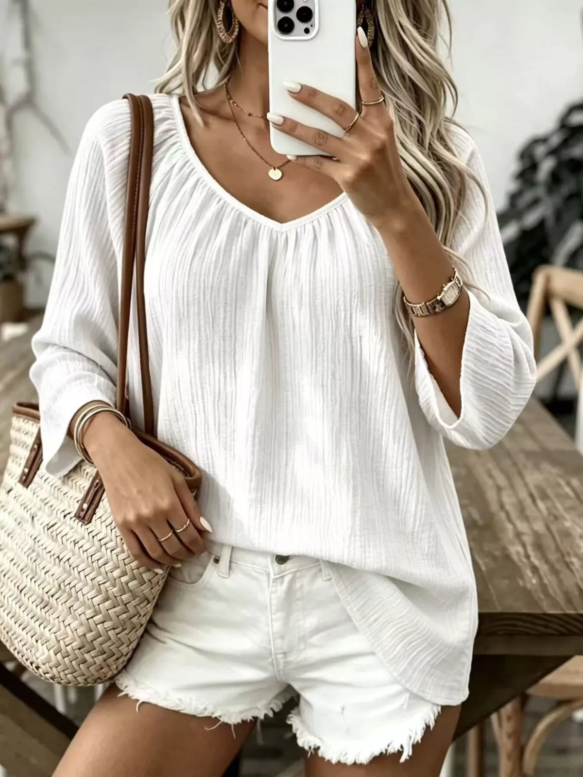 full size textured v-neck casual t-shirt plus | dropsona - neutral - packaging