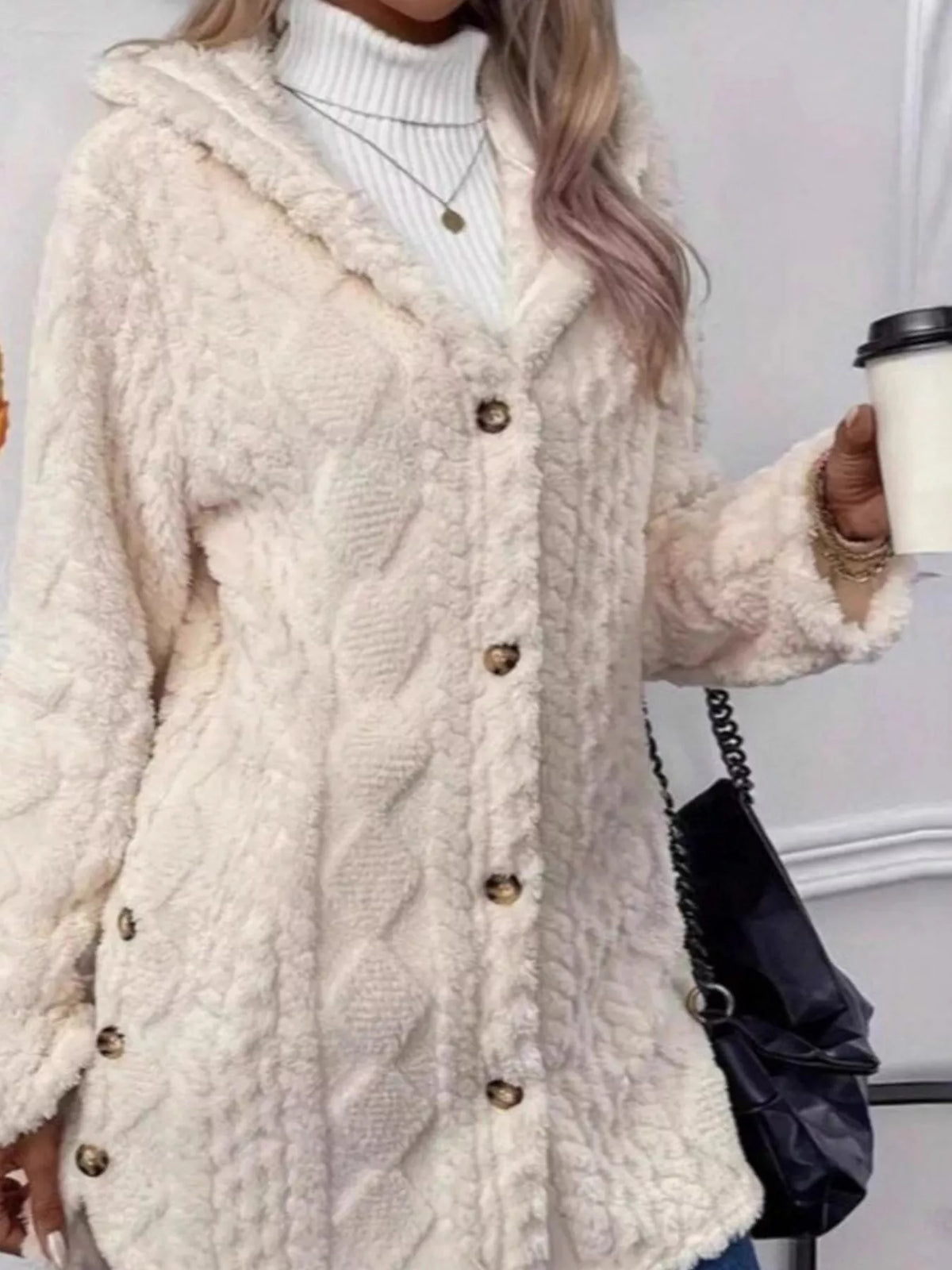 cozy cable-knit faux shearling hooded outerwear | dropsona - neutral - everyday use