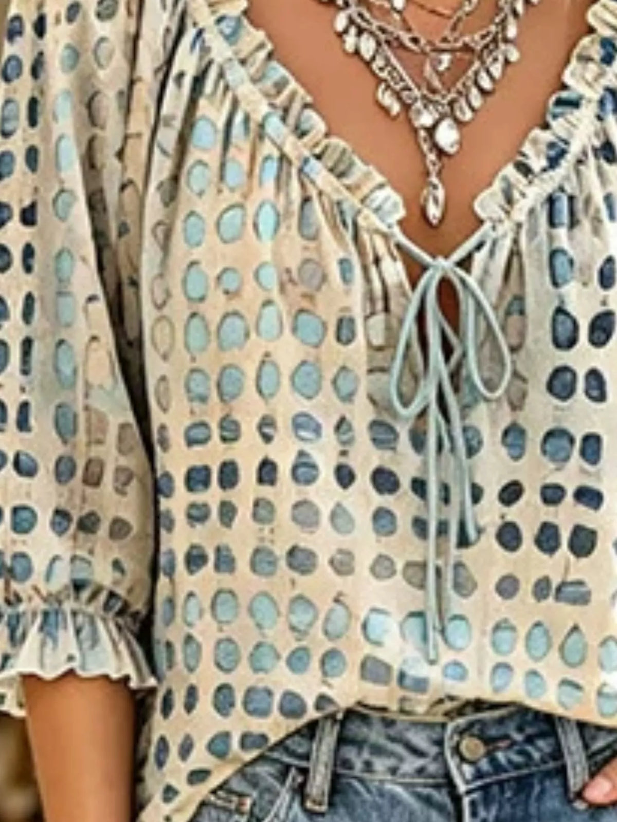 full size tie neck 3/4 sleeve blouse plus | dropsona - neutral - material texture