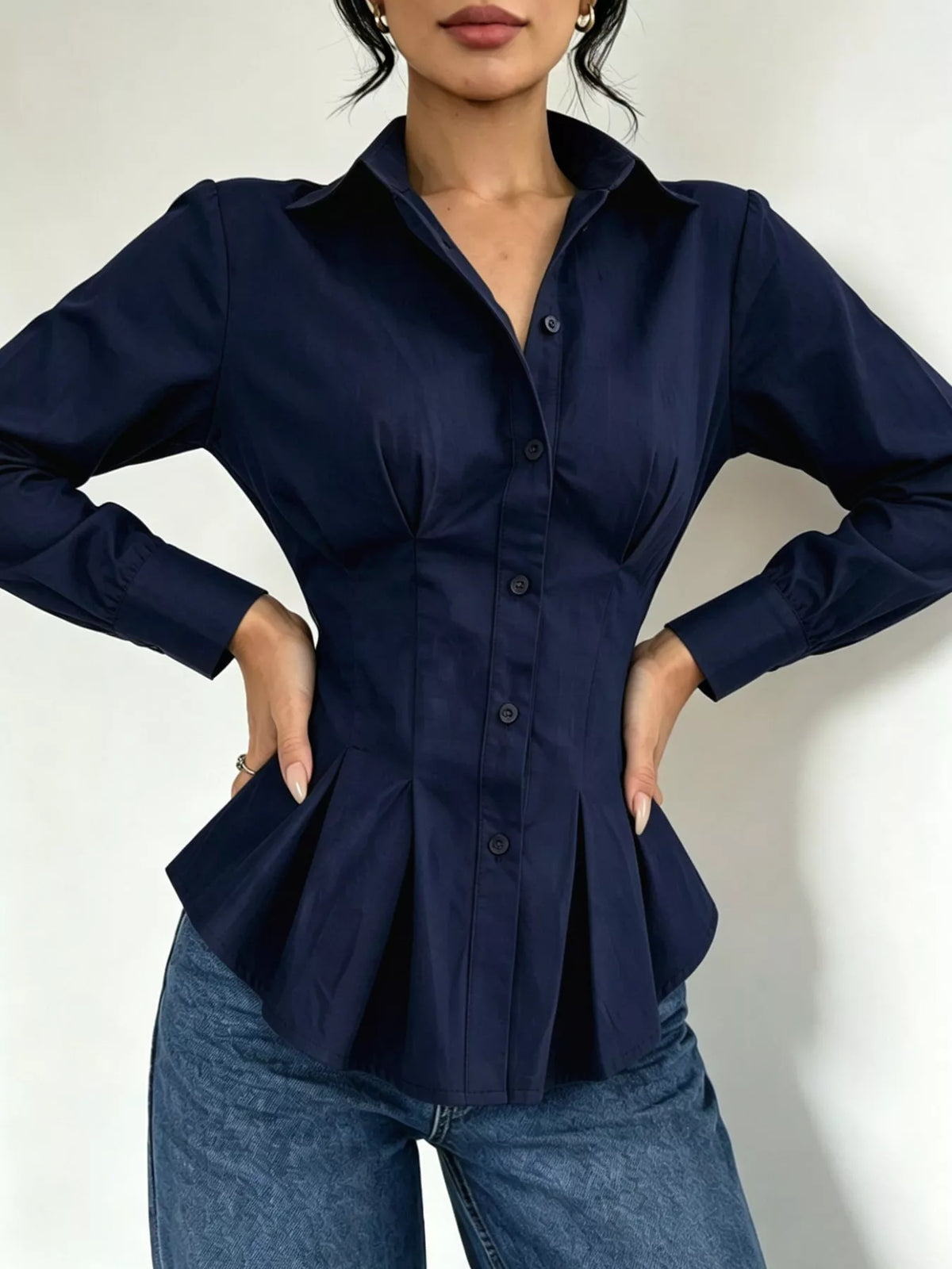 button-down peplum blouse with fitted waist | dropsona - neutral - front view