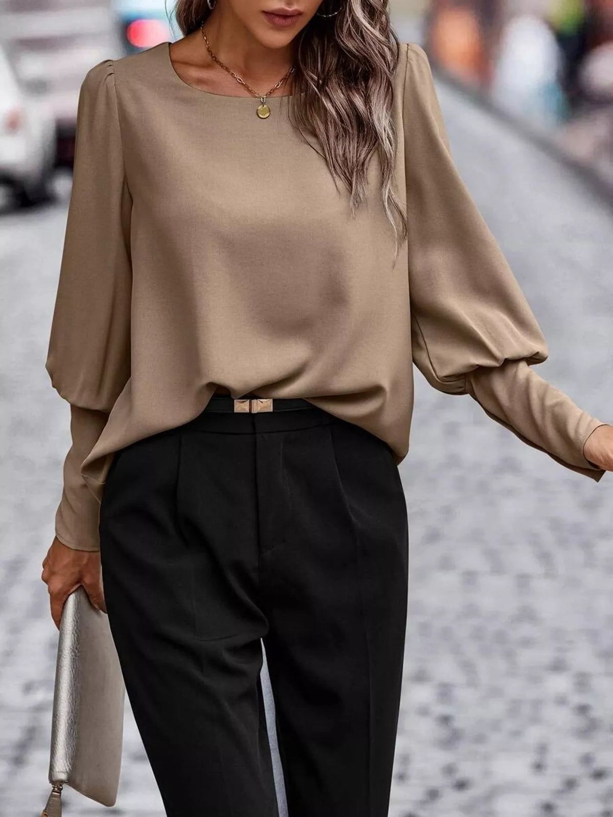 decorative button lantern sleeve blouse | dropsona - neutral - usage example