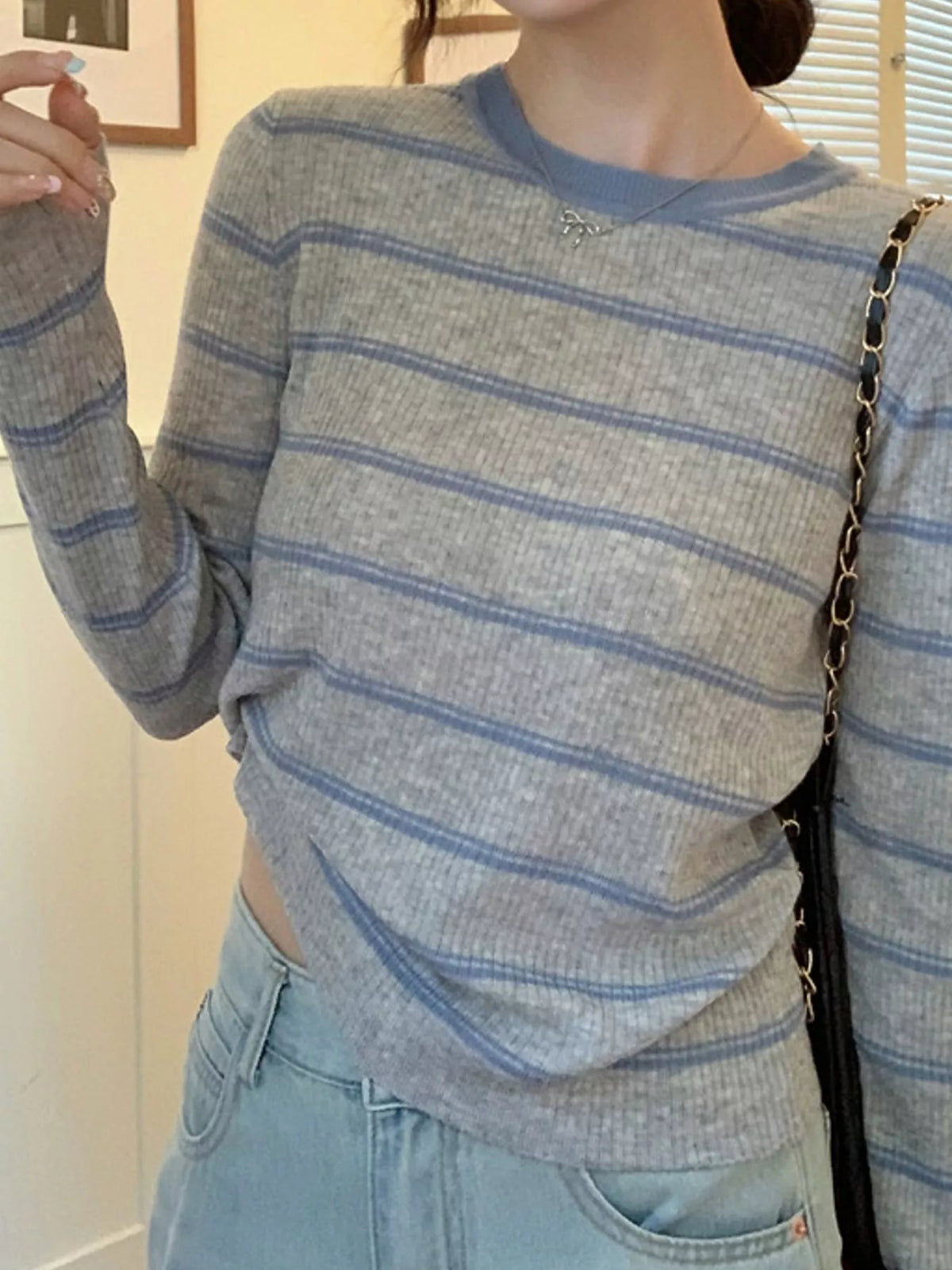 striped round neck ribbed knit top | dropsona - neutral - everyday use