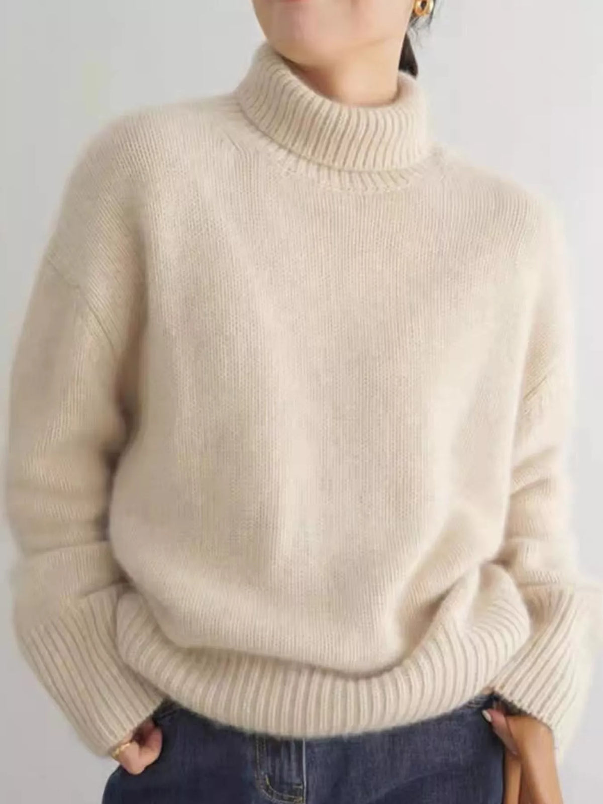 turtleneck dropped shoulder sweater | dropsona - neutral - close-up detail