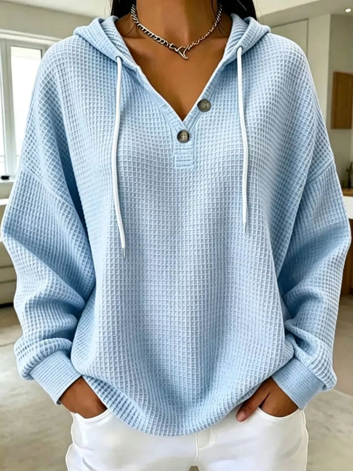 full size waffle knit button detail hoodie plus | dropsona - neutral - material texture