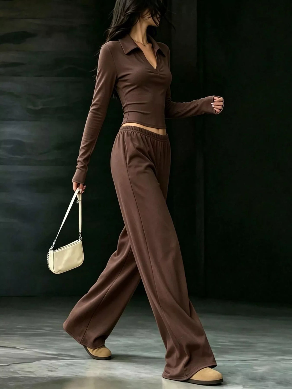 long-sleeve polo top and wide-leg pants set | dropsona - neutral - packaging
