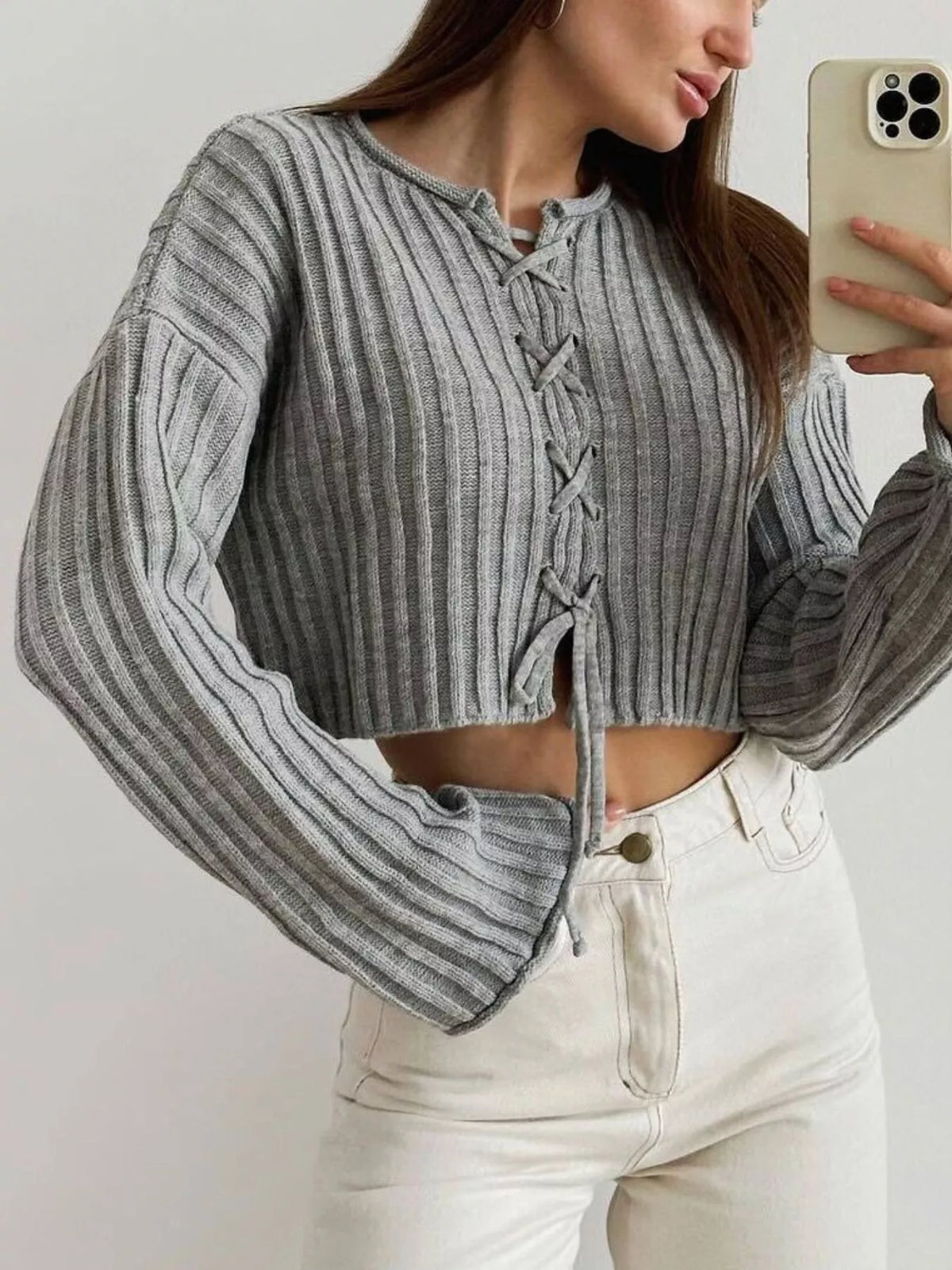 ribbed lace-up crop sweater – | dropsona - neutral - usage example
