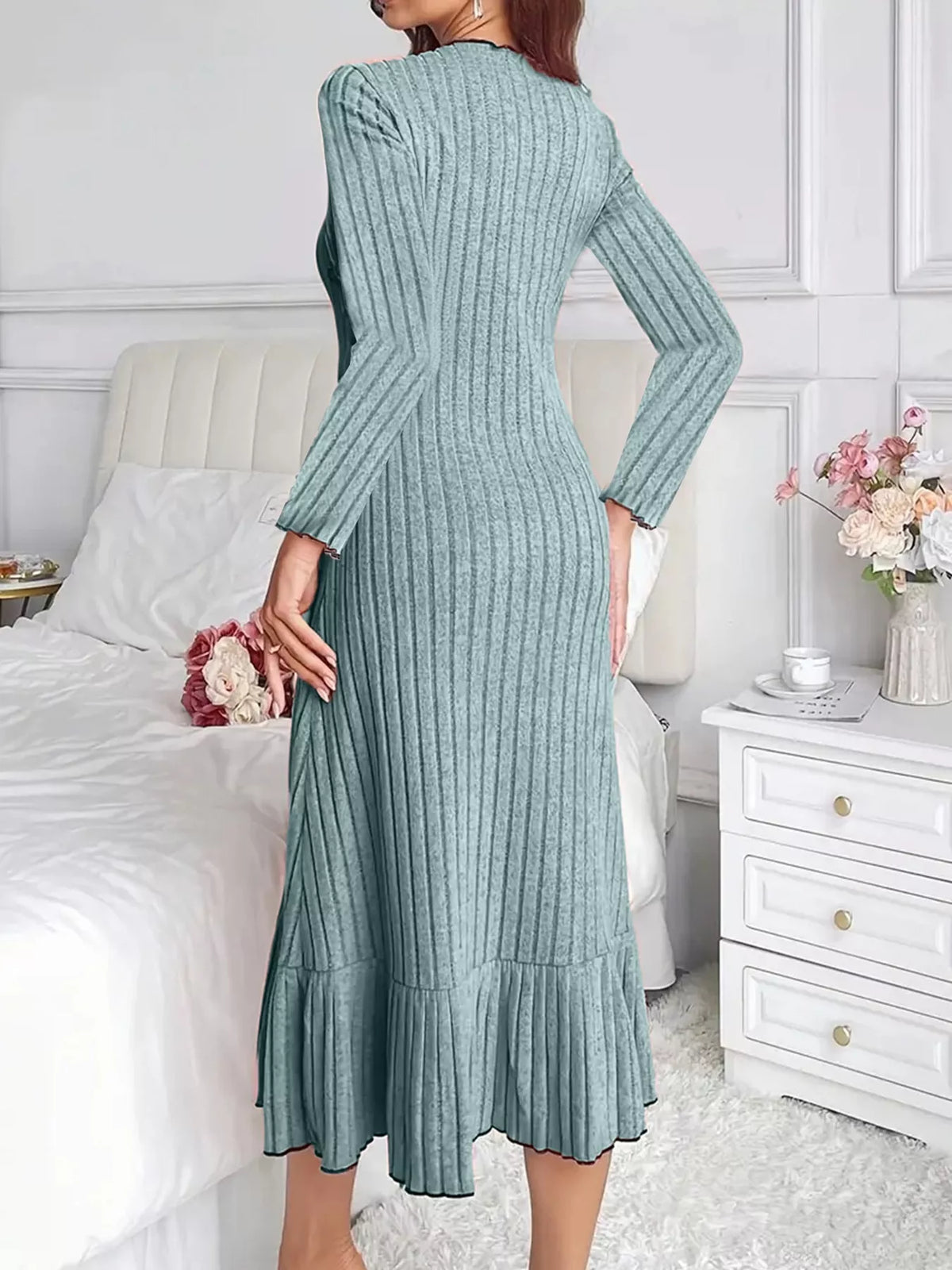 full size ribbed knit ruffle hem bodycon dress plus | dropsona - neutral - front view