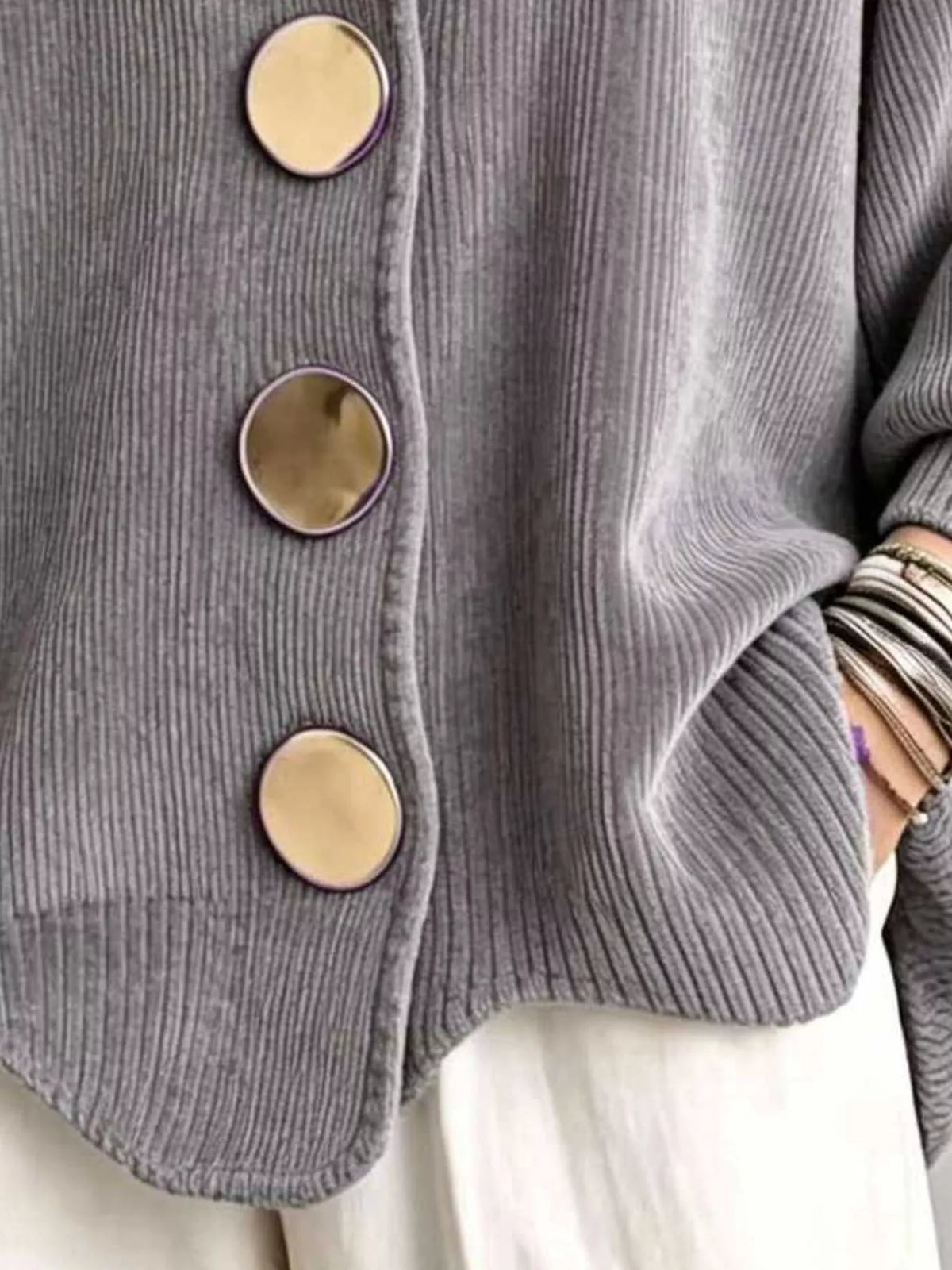 full size ribbed knit gold buttons cardigan plus | dropsona - neutral - close-up detail